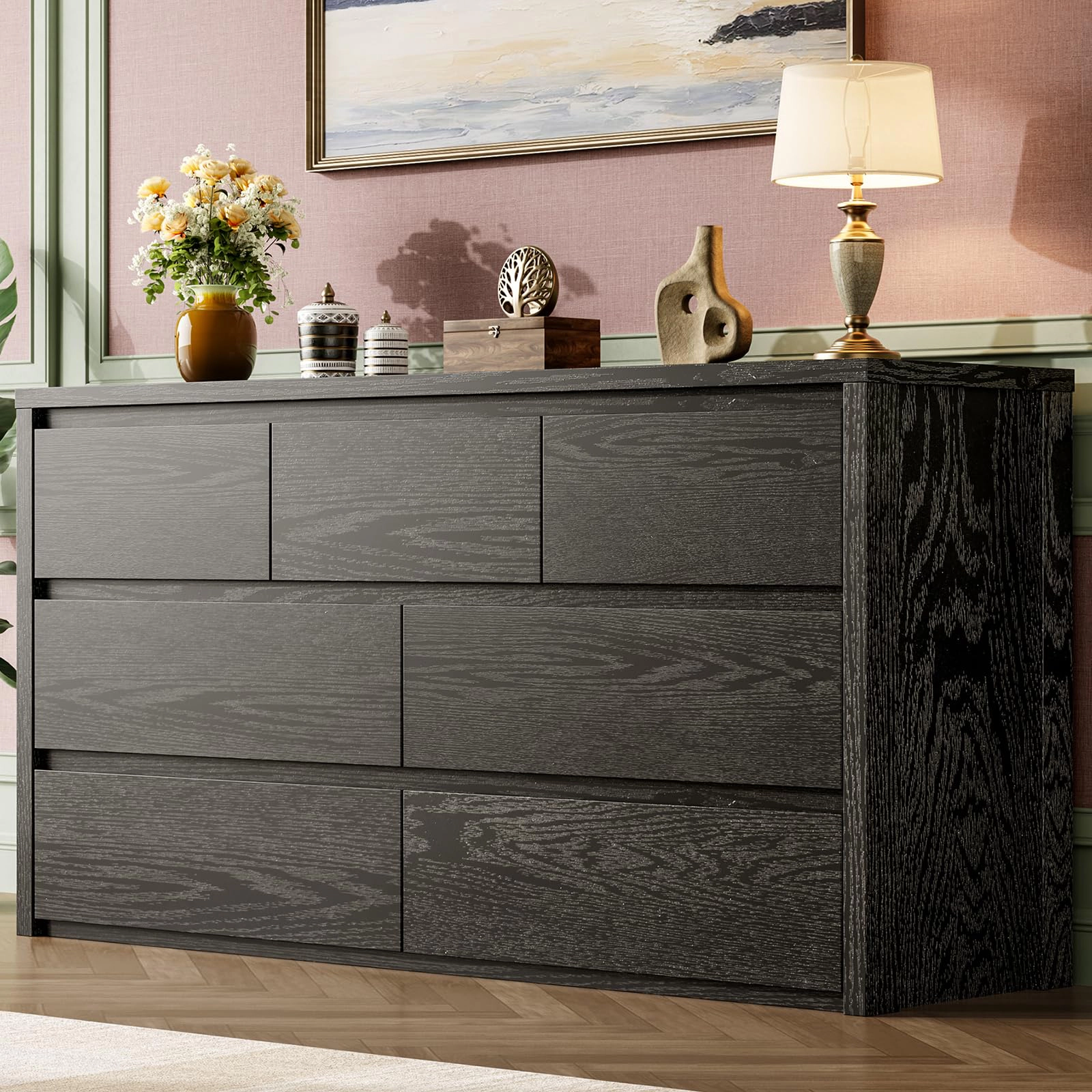 Modern 7 Drawer Wooden Dresser, Wide Minimalist Chest of Drawers for Bedroom or Living Room