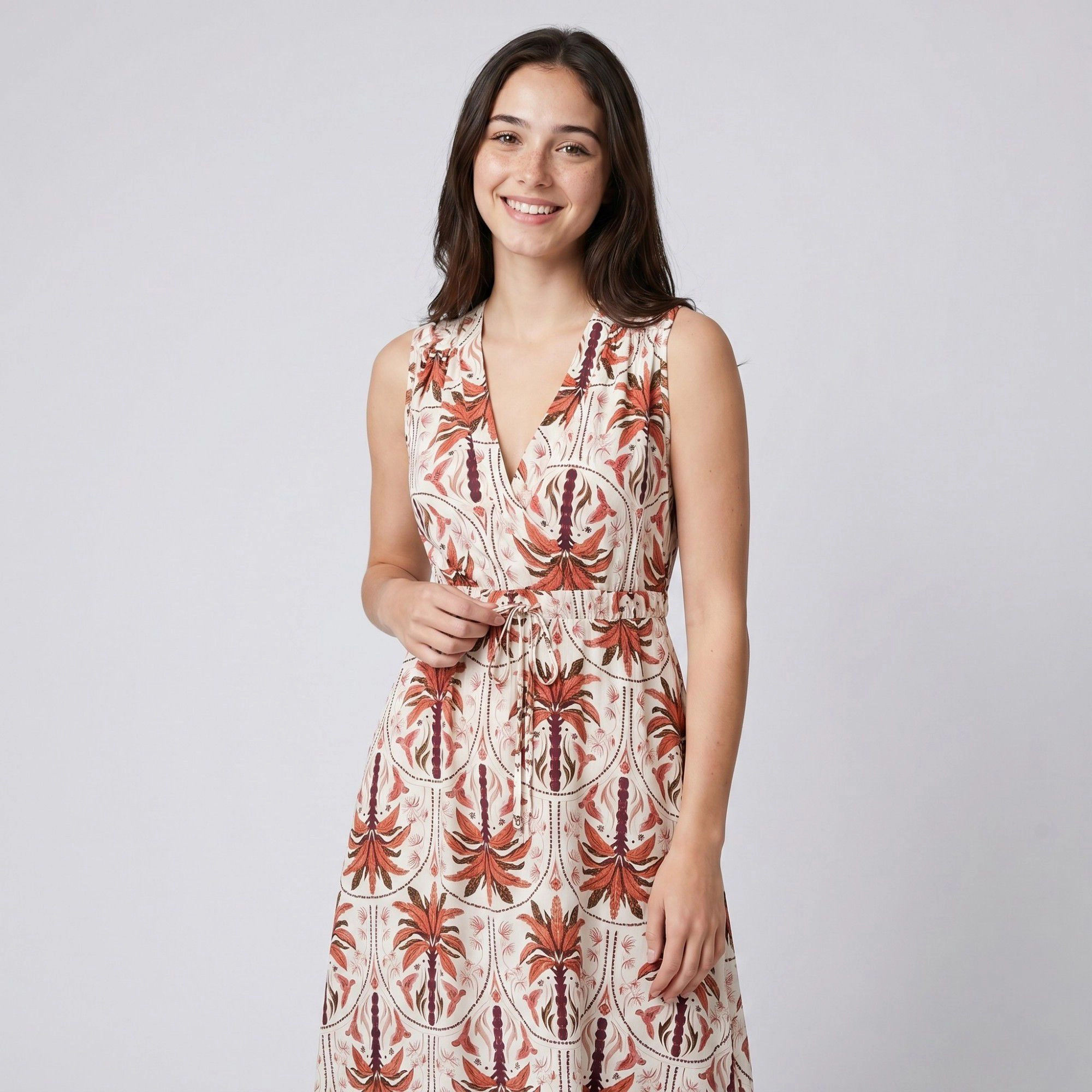 Anna-Kaci Women's Botanical Print Sleeveless V-Neck Tie Waist Side Pockets A-Line Maxi Dress