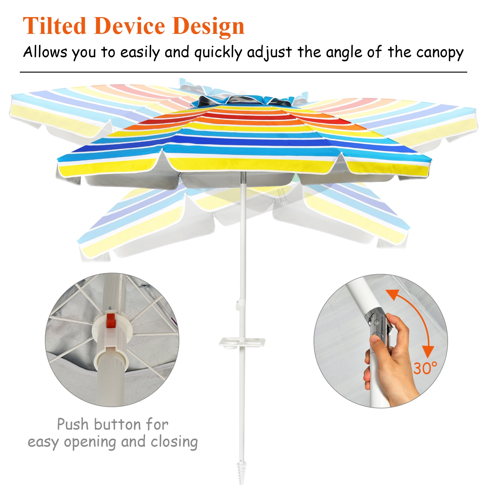 SUGIFT 7.2-ft Portable Beach Umbrella with Integrated Sand Anchor Adjustable Tilt 8 Ribs and Carry Bag