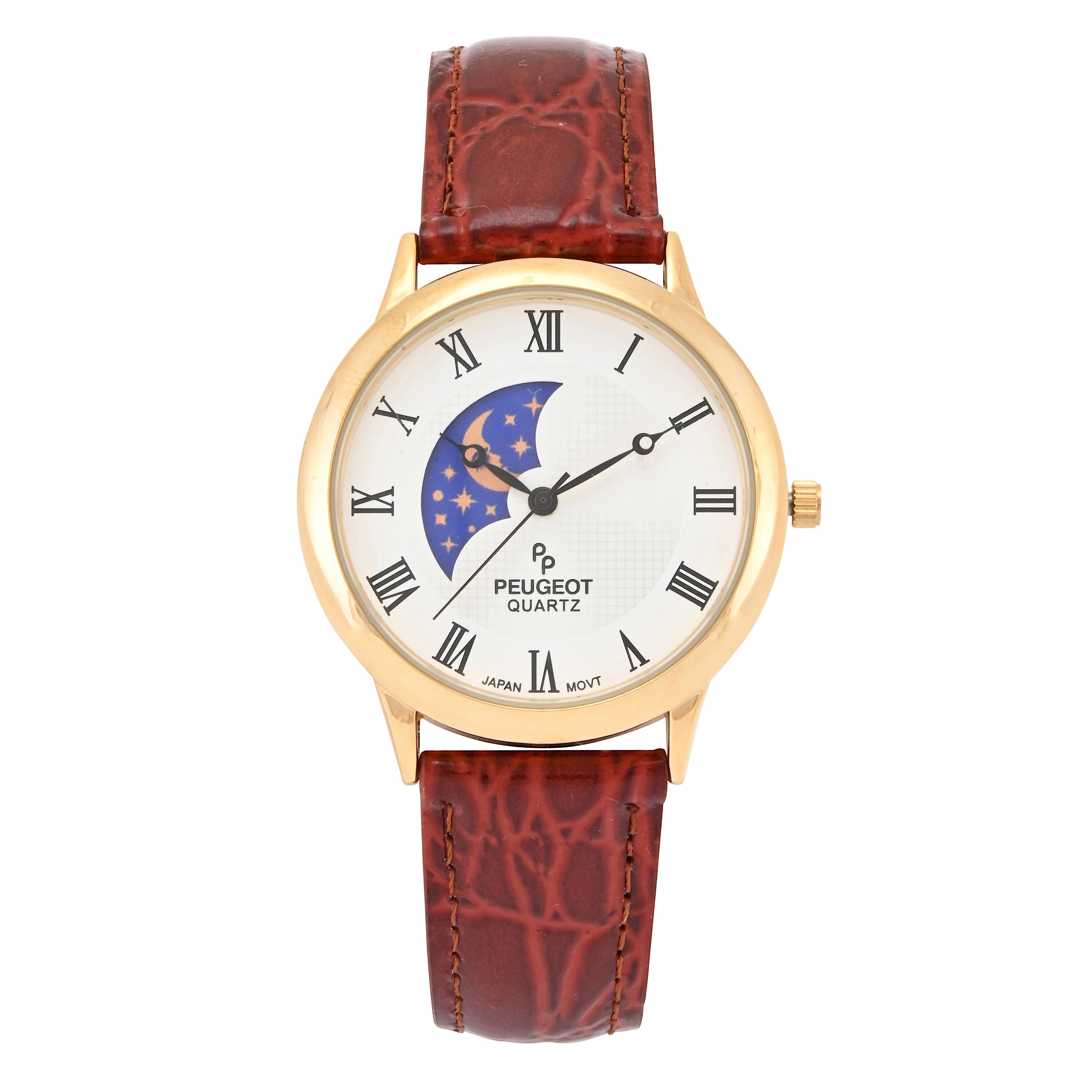 Peugeot Men's 38mm Brown Sun-Moon Brown Leather Strap Watch