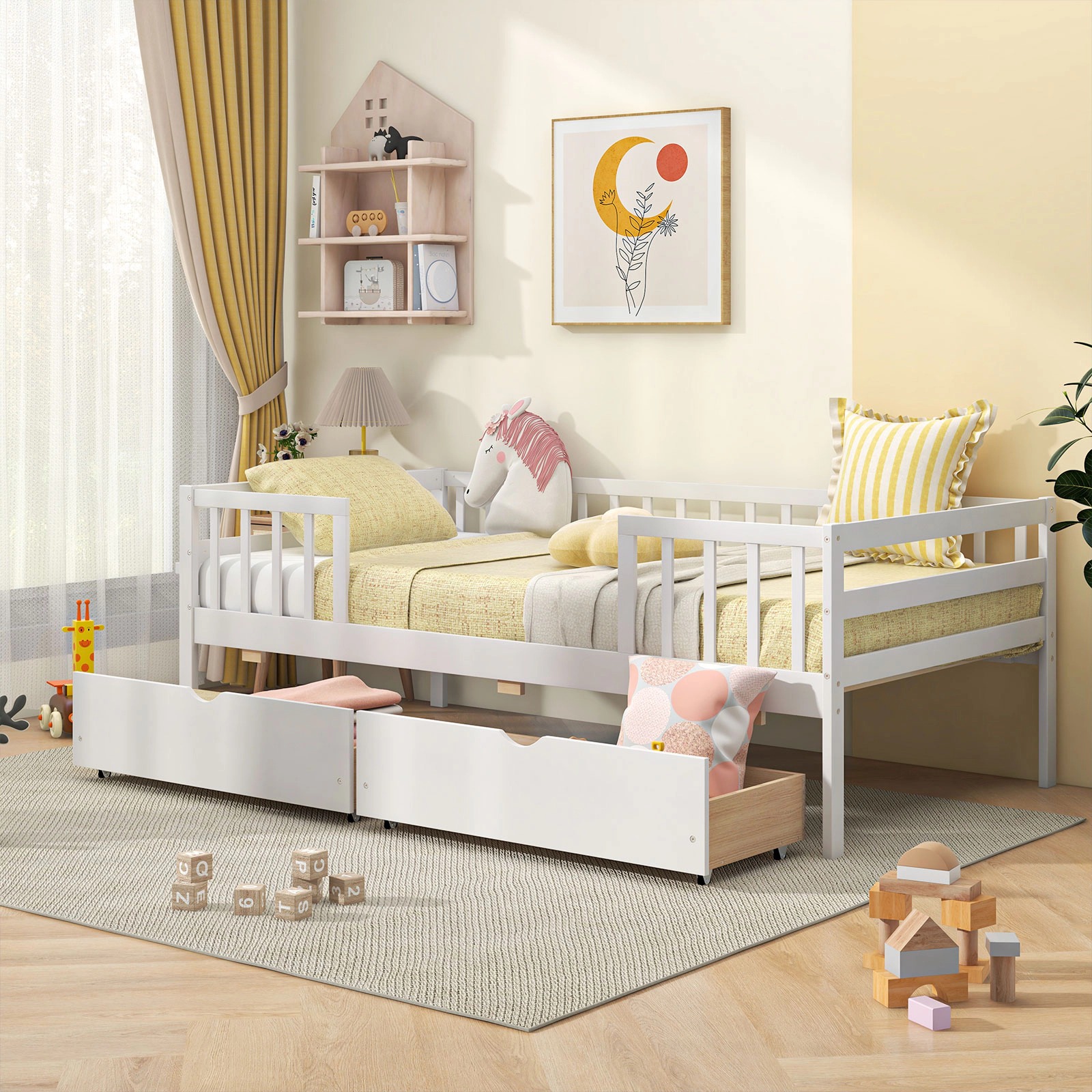 SUGIFT Twin Kids Daybed, 3-Side Fence Rails, 2 Storage Drawers, White