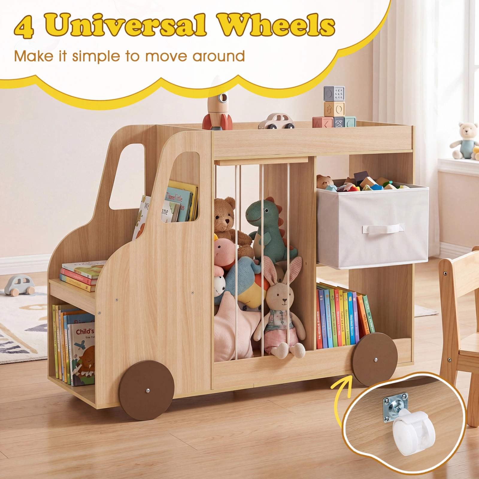 SUGIFT Natural 35-lb Shelf Car-Shaped Kids Toy Storage Organizer with Elastic Rope Stuffed Animal Storage