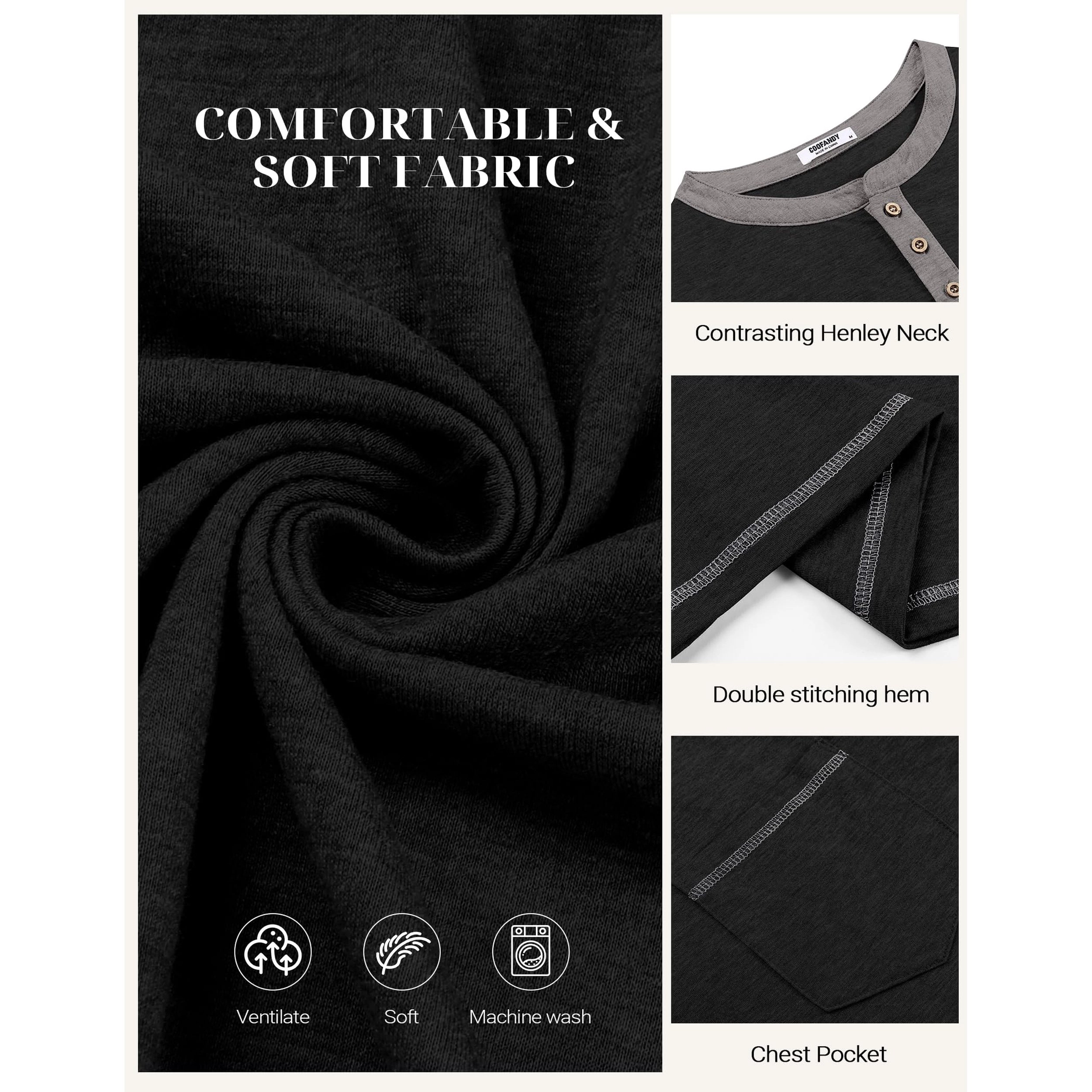 COOFANDY Mens Short Sleeve Henley Shirt Contrast Trim Button Pocket Casual Tee Tops