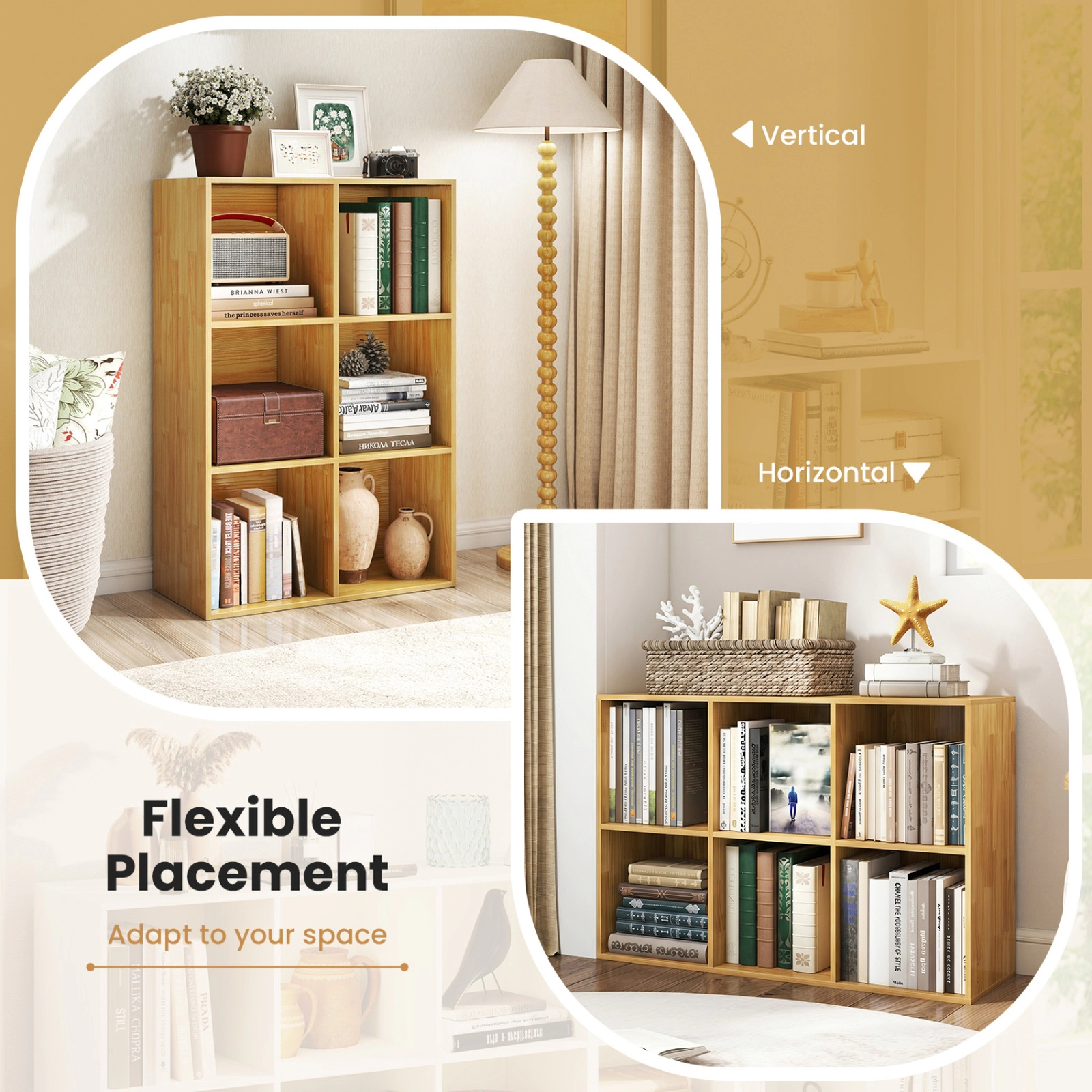 SUGIFT Modern 6-Cube Bookcase 132-lb Top Capacity 22-lb Cube Capacity with Anti-tipping Kits Light Brown