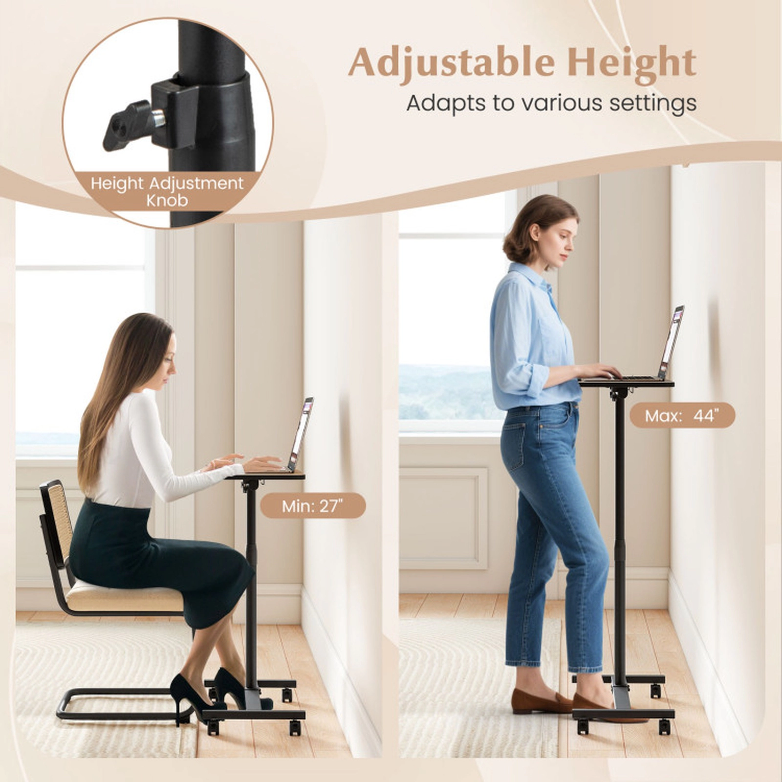 SUGIFT Adjustable Overbed Rolling Lap Desk Food Tray Table 33-lb Capacity Brown + Black/Gray + Black/Walnut