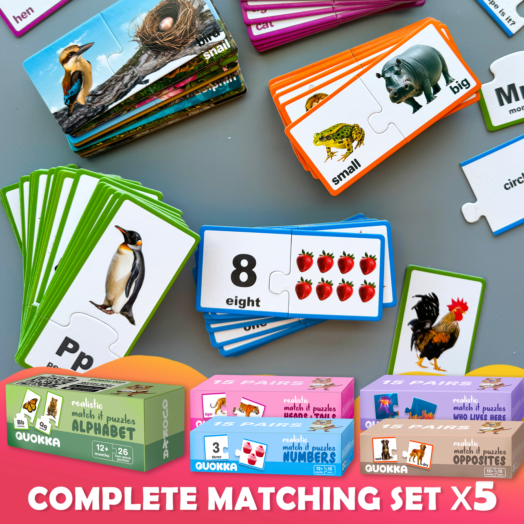QUOKKA Matching Puzzles for Toddlers, Numbers, Animals & Opposites Learning Cards, 5-Pack Set