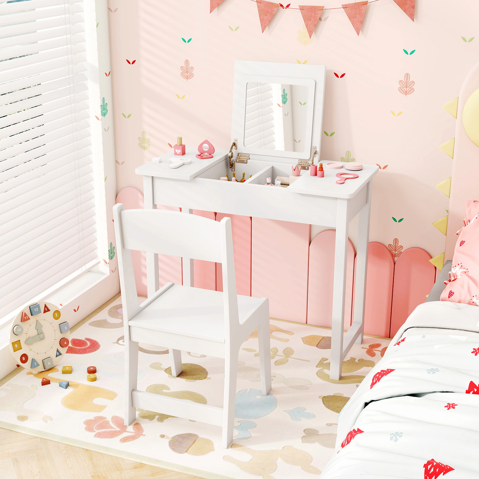 SUGIFT White Flip Top Mirror 2-in-1 Kids Vanity Makeup Table and Chair Set