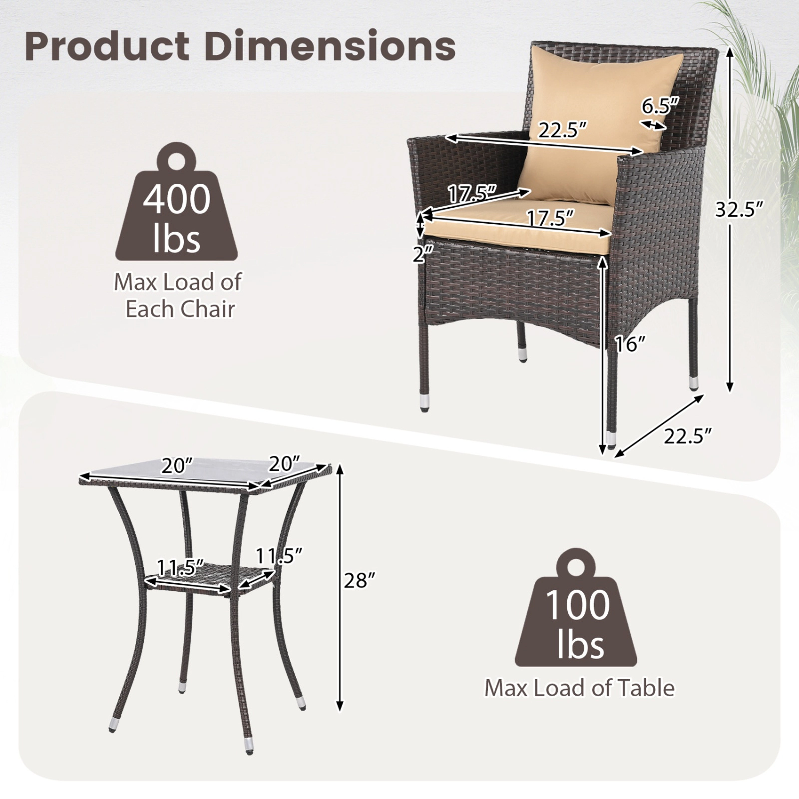 SUGIFT 3-Piece PE Rattan Patio Conversation Set with Cushioned Chairs & Tempered Glass Table 400-lb Chair Capacity Brown