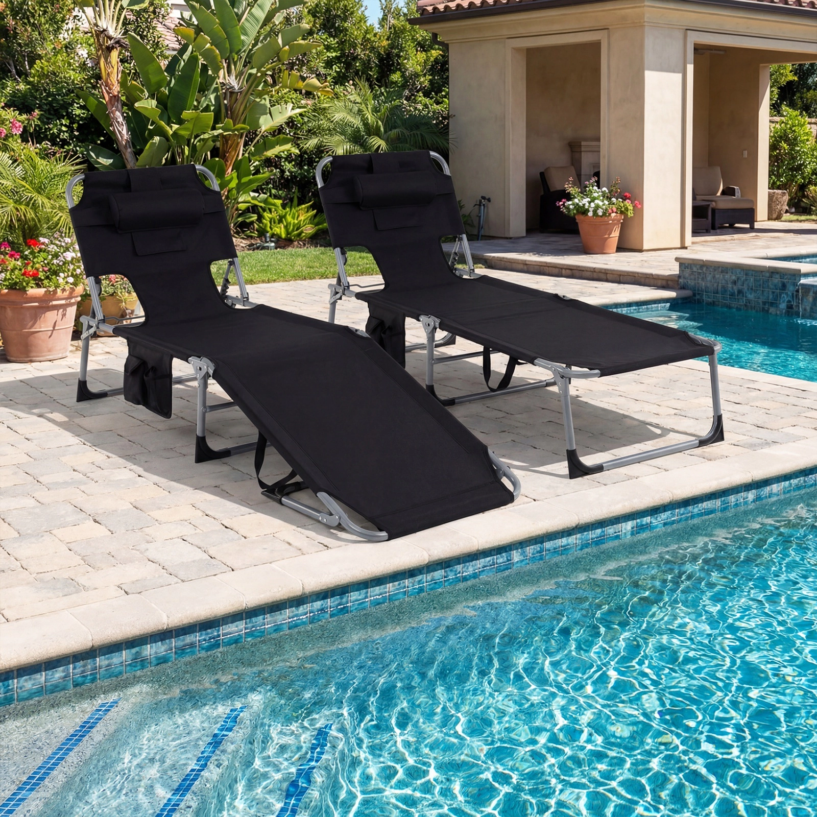 SUGIFT Set of 2 Folding Chaise Lounge Chairs, Adjustable Backrest and Footrest, Face and Arm Holes, Black