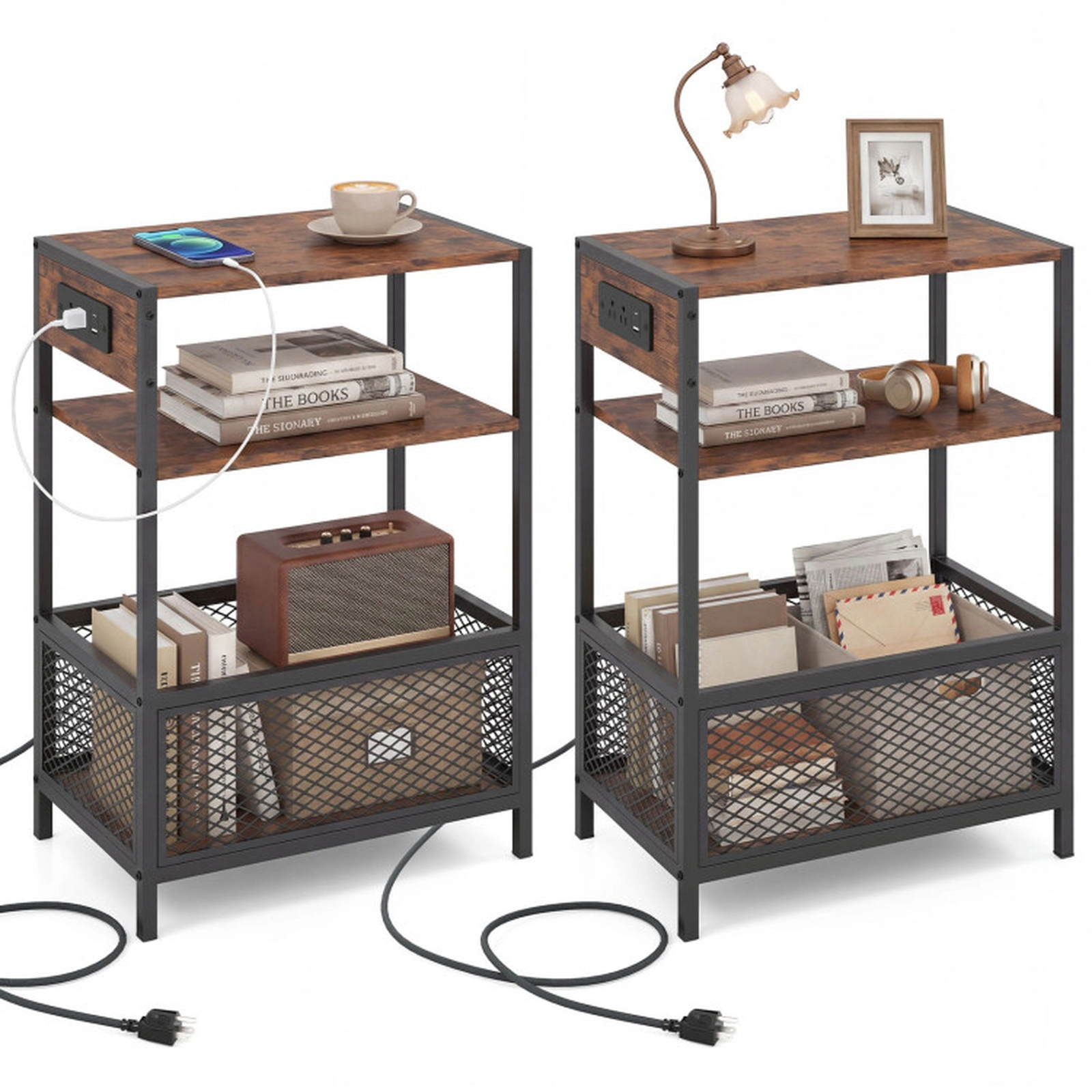 SUGIFT Set of 2 16.5-in 3-Tier Industrial Side Tables with 2 AC Outlets USB and Type-C Charging Ports