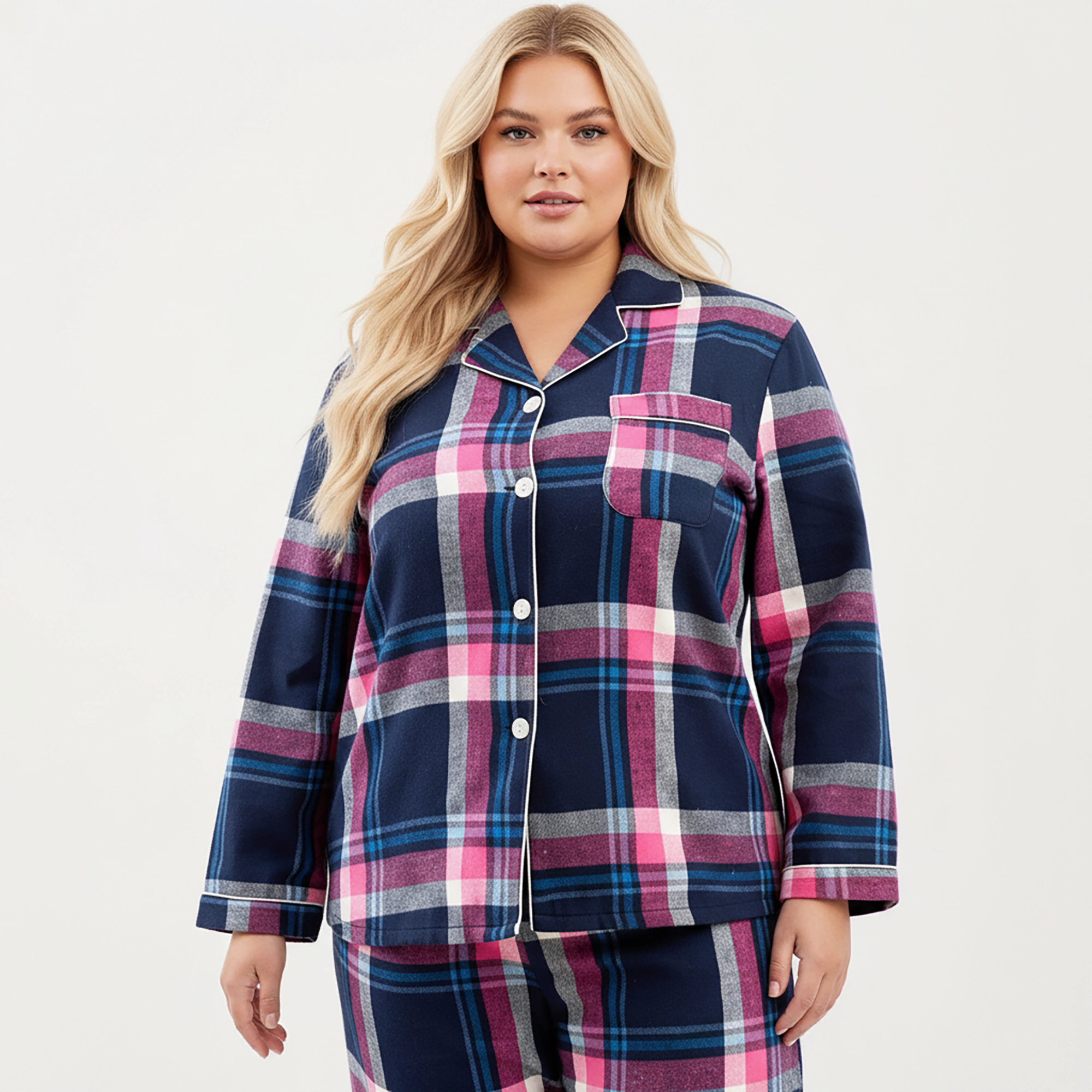 Anna-Kaci Women's Plus 2-Piece Plaid Flannel Pajamas with Button Front Long Sleeve Top and Soft Relaxed Fit Pants