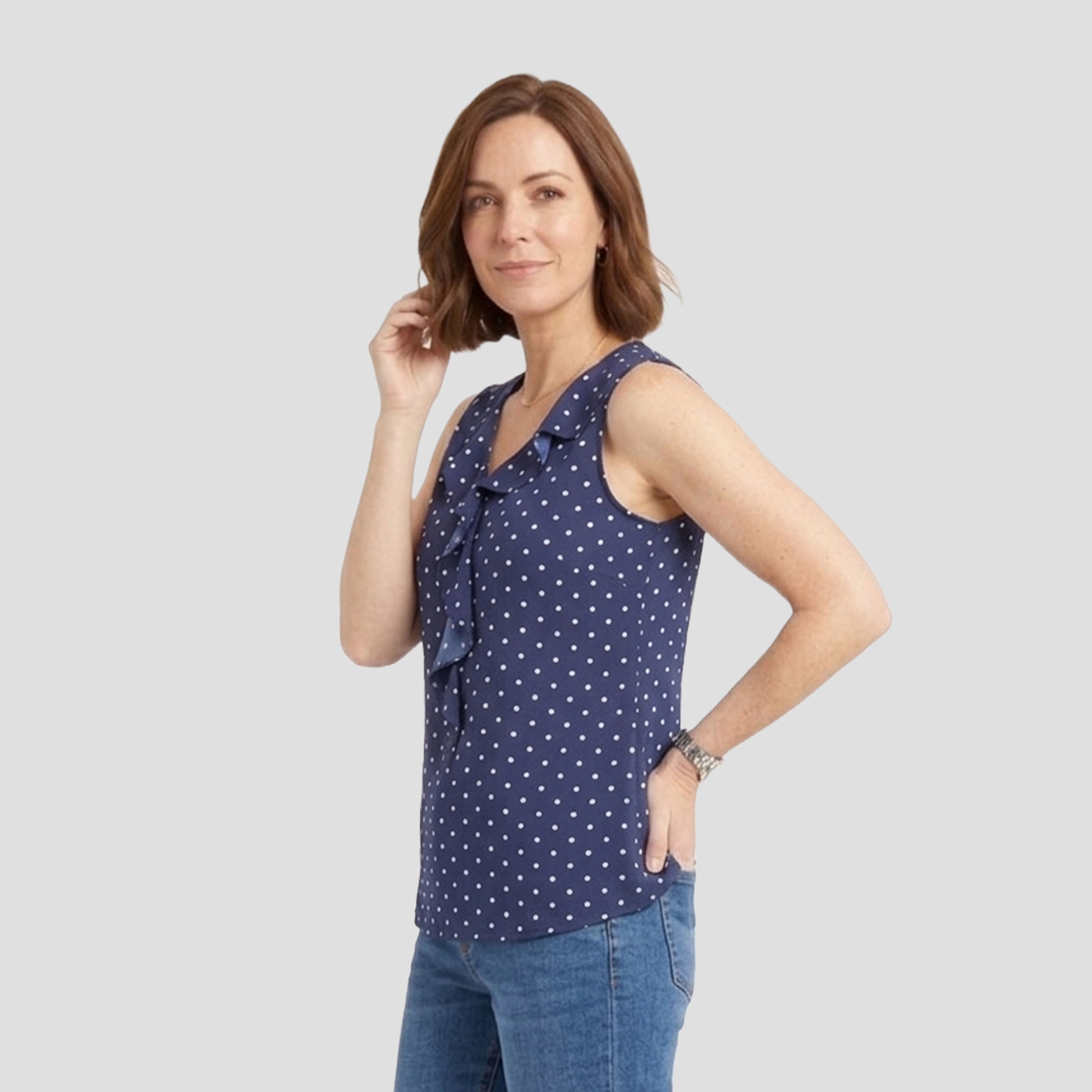 Artyska Women’s Sleeveless Polka Dot Ruffle Front Blouse
