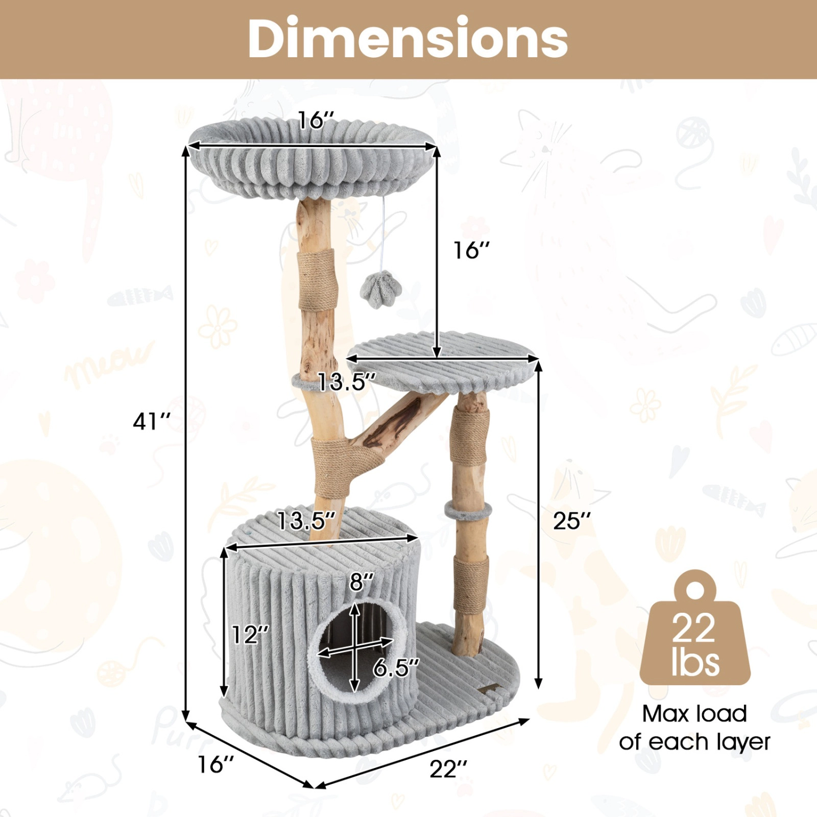 SUGIFT 41-in Solid Wood Cat Tree with Real Pear Wood Branches 16-in Top Perch and Washable Cushion Bed