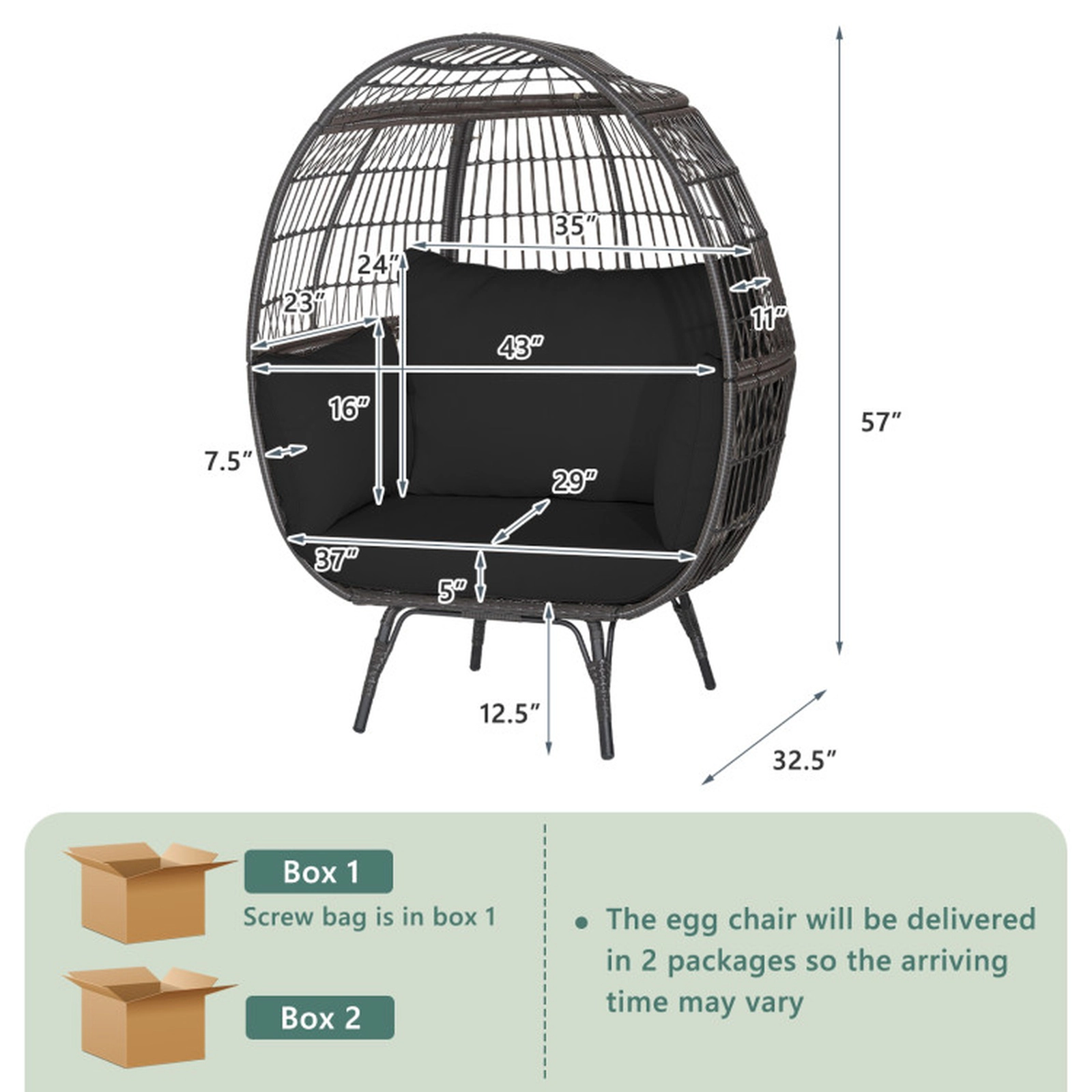 SUGIFT 450-lb Capacity Oversized Indoor Outdoor Hand Woven PE Wicker Egg Chair with Sturdy Metal Frame