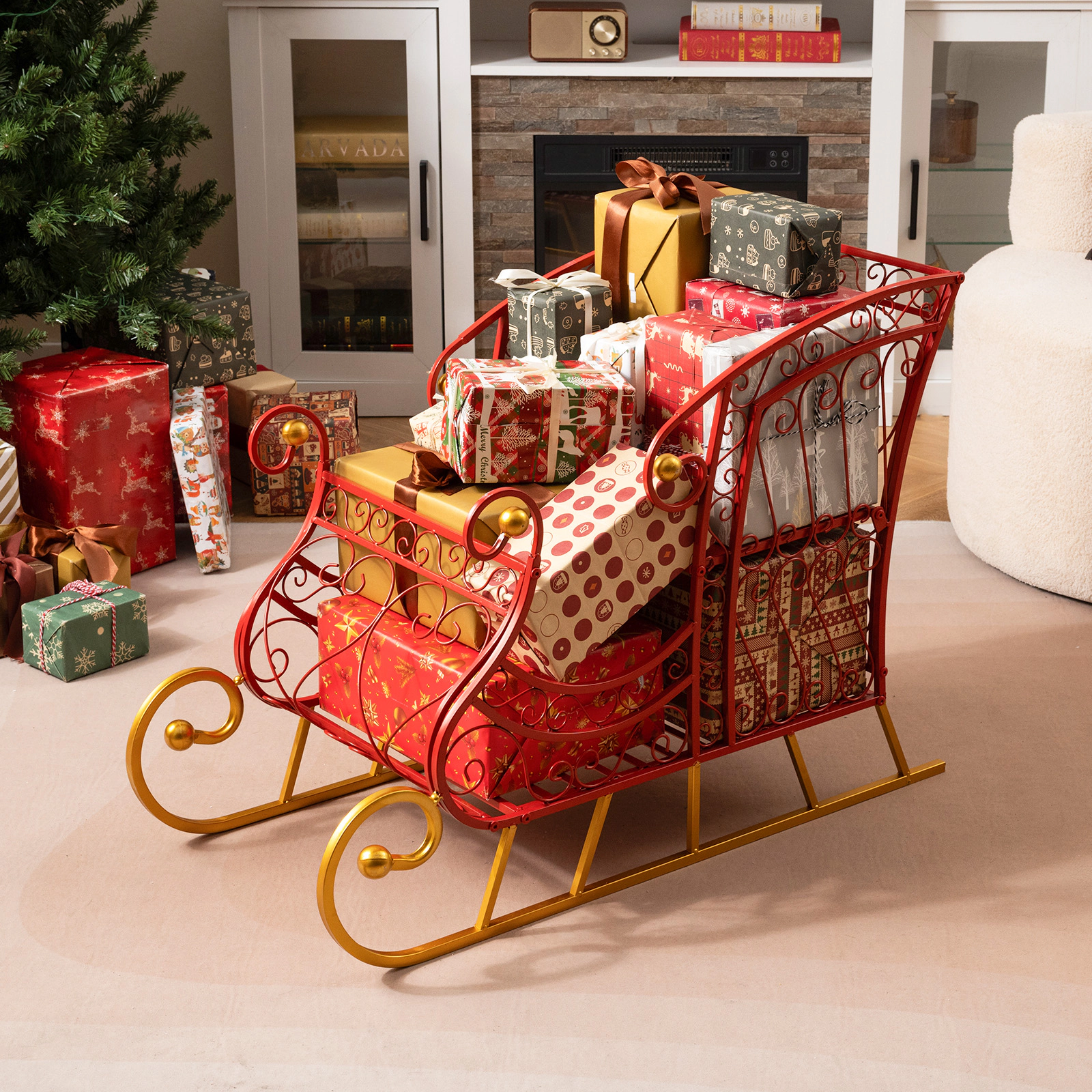 SUGIFT Red and Gold 2-Tier 33.5-in Metal Christmas Santa Sleigh Basket for Gift and Ornament Storage