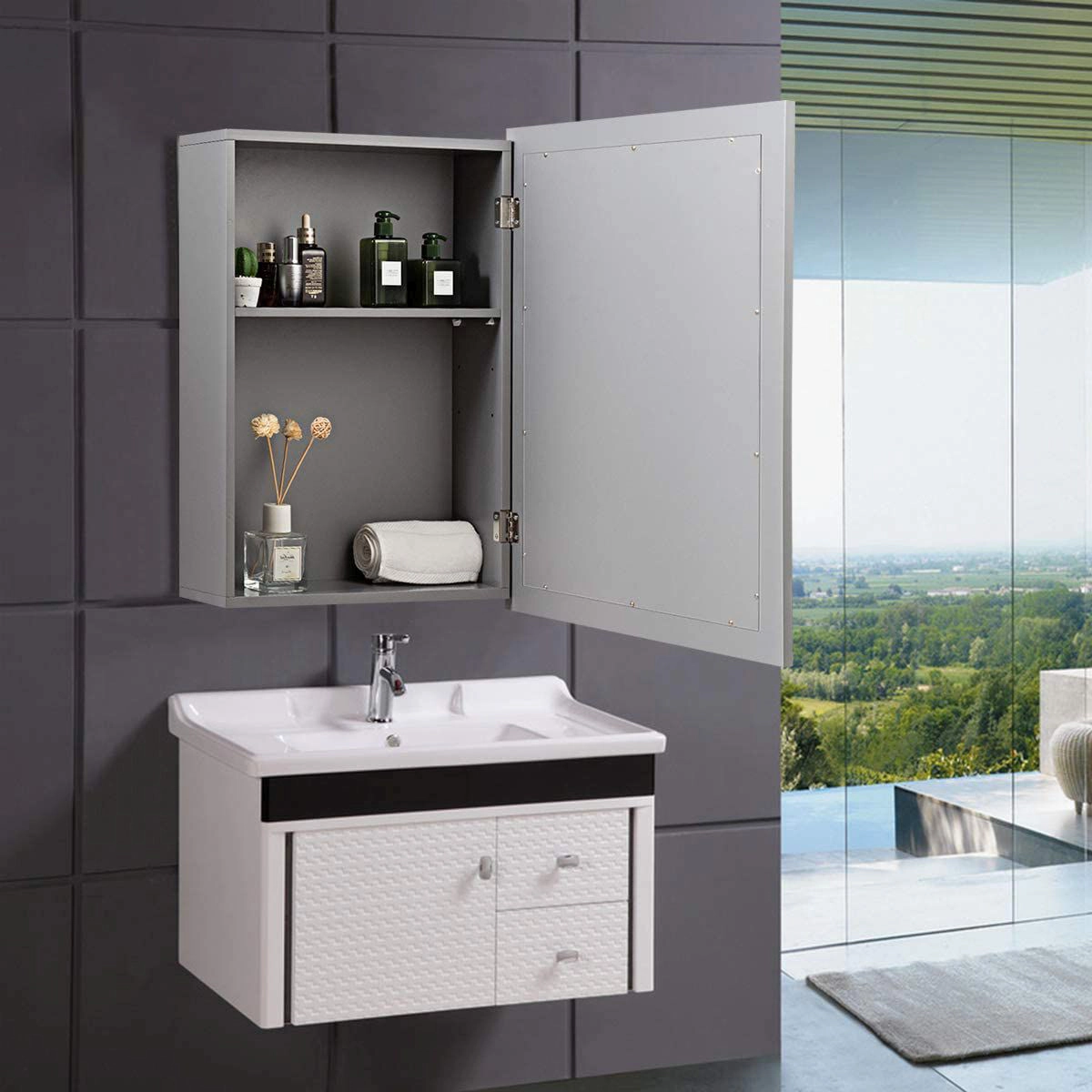 SlickBlue Wall Mounted Bathroom Cabinet with Mirror & Storage Shelf