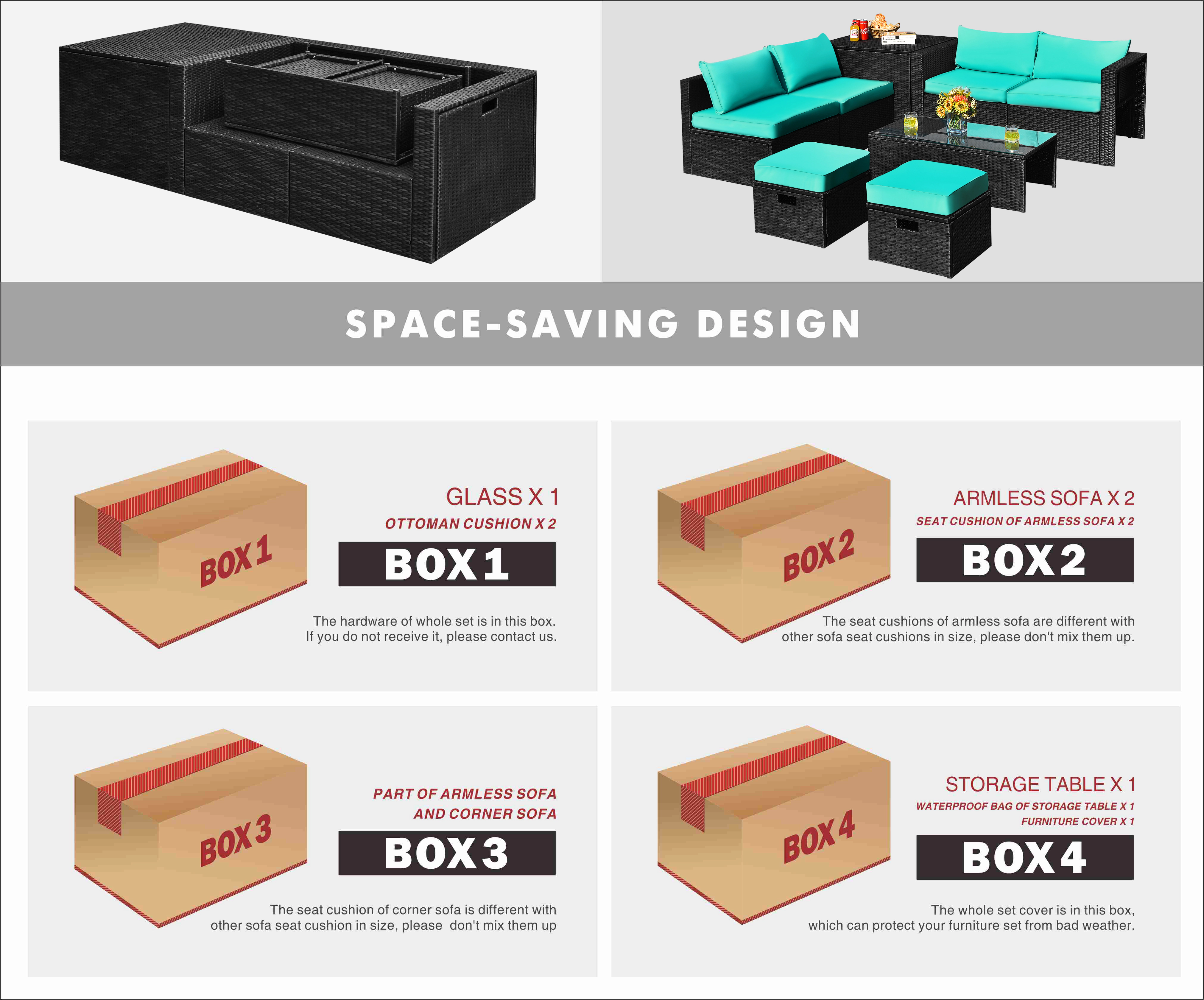 SUGIFT Storage Box and Glass Coffee Table 8-Piece Turquoise Patio Rattan Modular Set