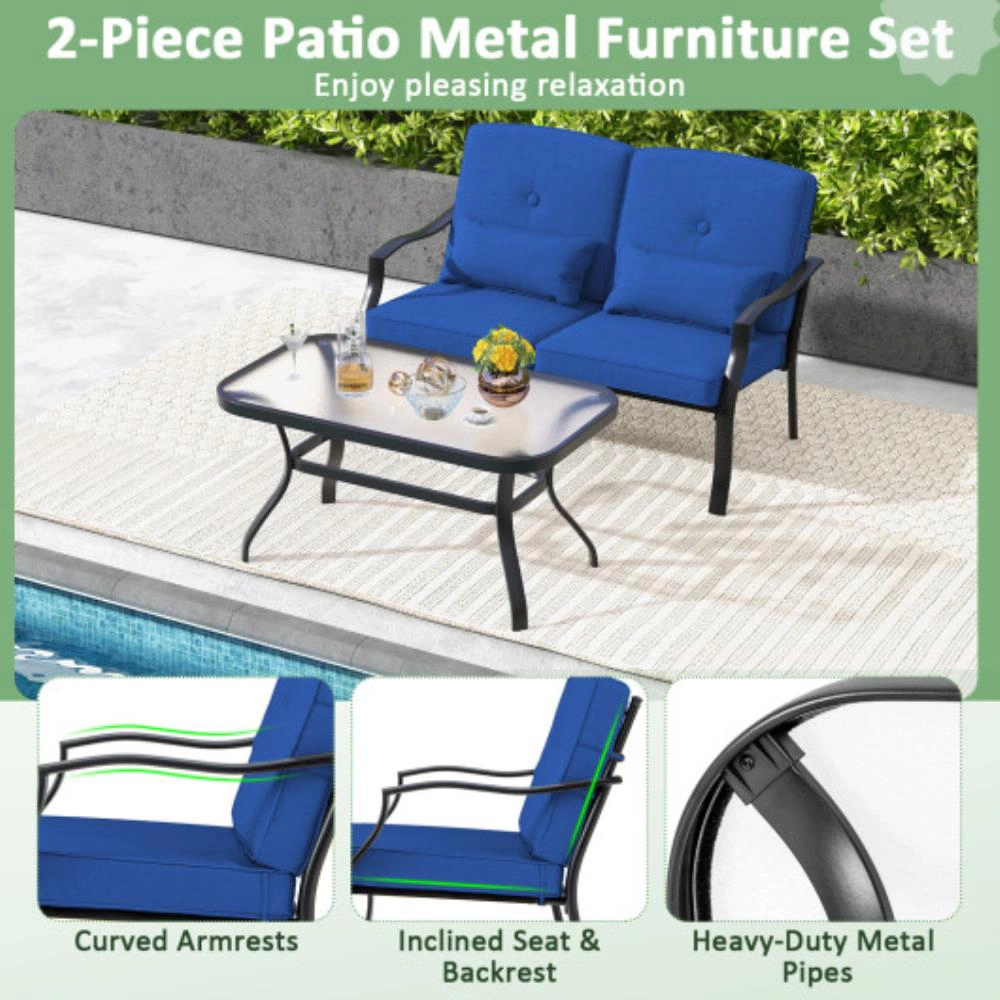 Hivvago Outdoor Loveseat Chair Set With Coffee Table And Seat Back Cushions-Navy
