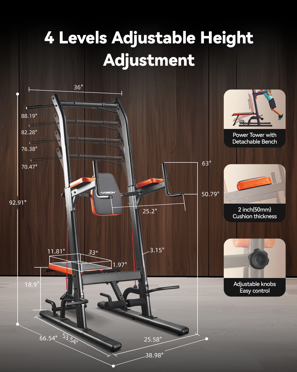 HARISON Power Tower with Weight Bench, Pull-Up Bar & Dip Station, Adjustable Height Home Gym Strength Trainer