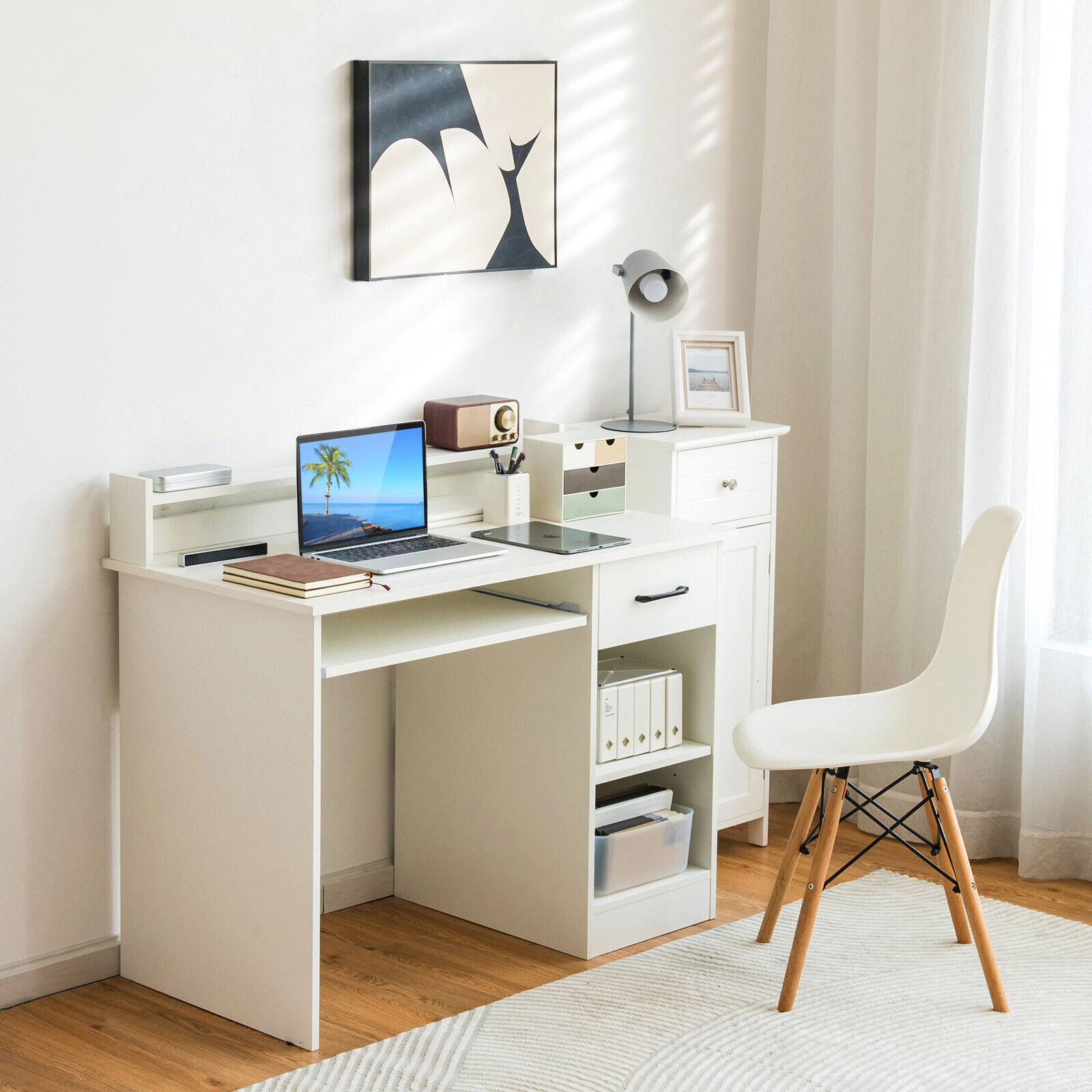 SUGIFT Wide Desktop Study Laptop Desk with Drawer and Keyboard Tray 448.5-lb Total Capacity White/Black