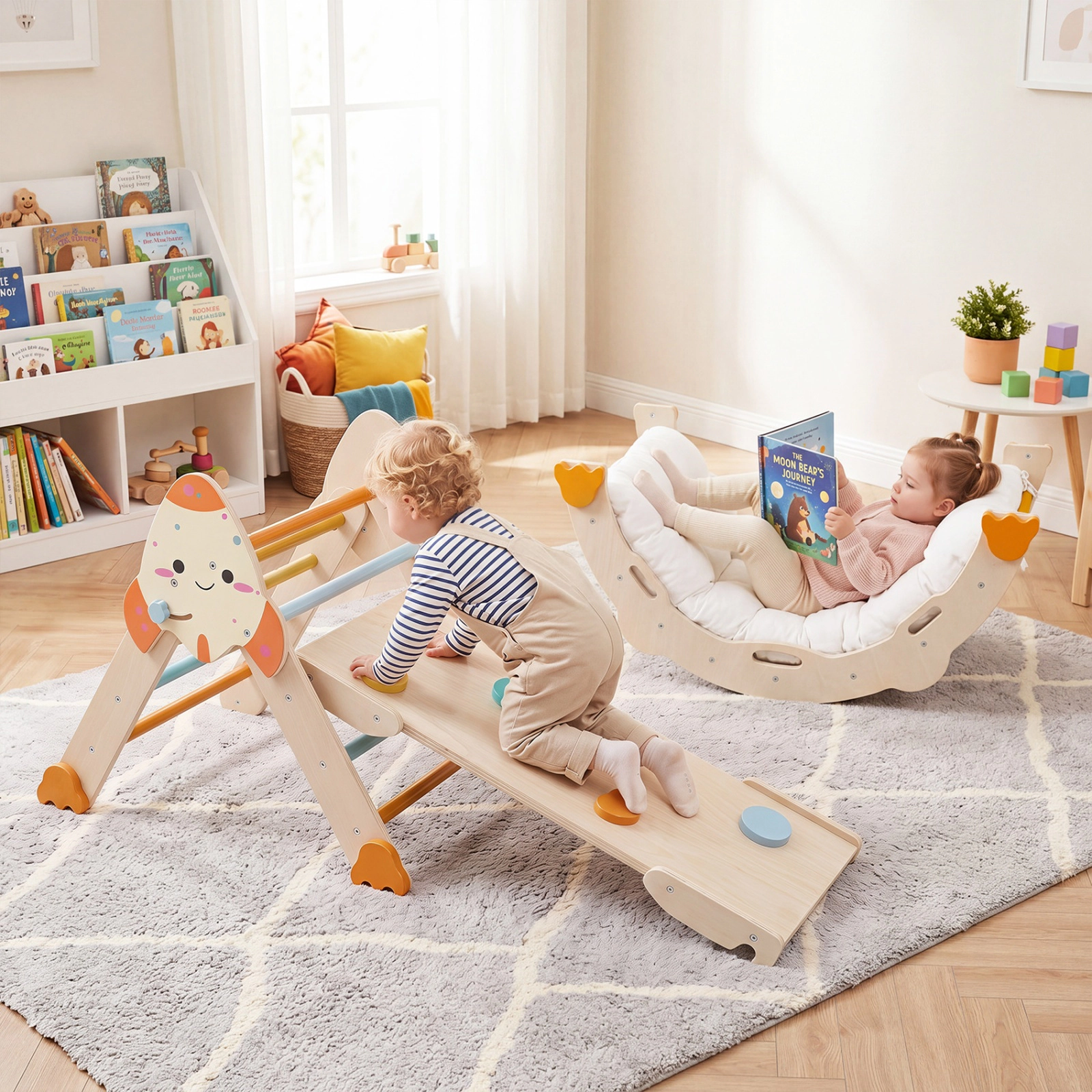 SUGIFT Macaron Rocket Themed Foldable Kids Climber with Triangle Arch and Balance Bridge 34-in W 19-in D 31.5-in H