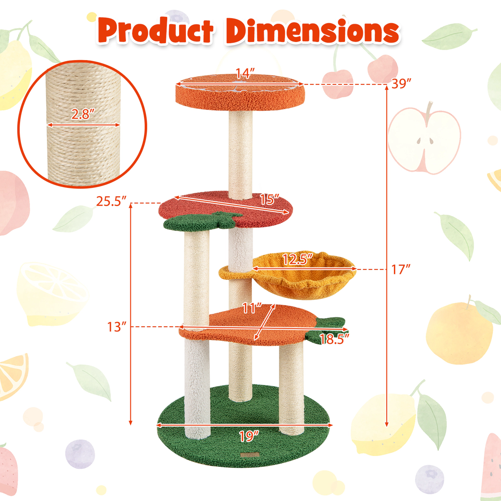 SUGIFT 39-in Tall Fruit-Shaped Multi-Level Cat Tree with Rotating Basket Sisal Posts and Fleece Perch