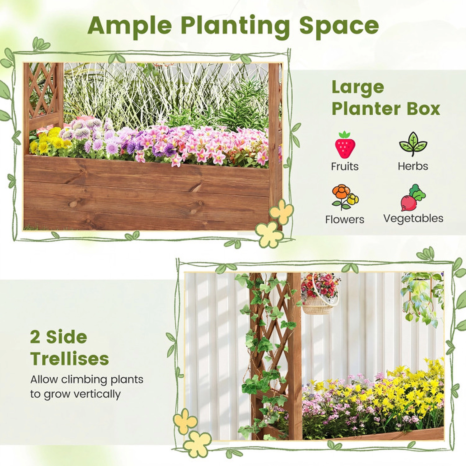 SUGIFT Wooden Elevated Planter Raised Garden Bed with Trellis and Hanging Roof 45-in Frame Natural