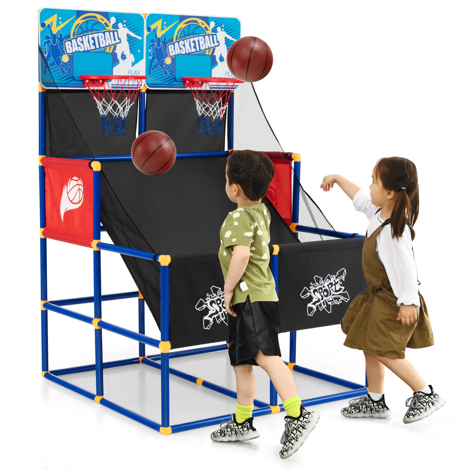 SUGIFT 55-in Kids Arcade Basketball Game Set with Dual Hoops Blocking Net 4 Basketballs and Ball Pump