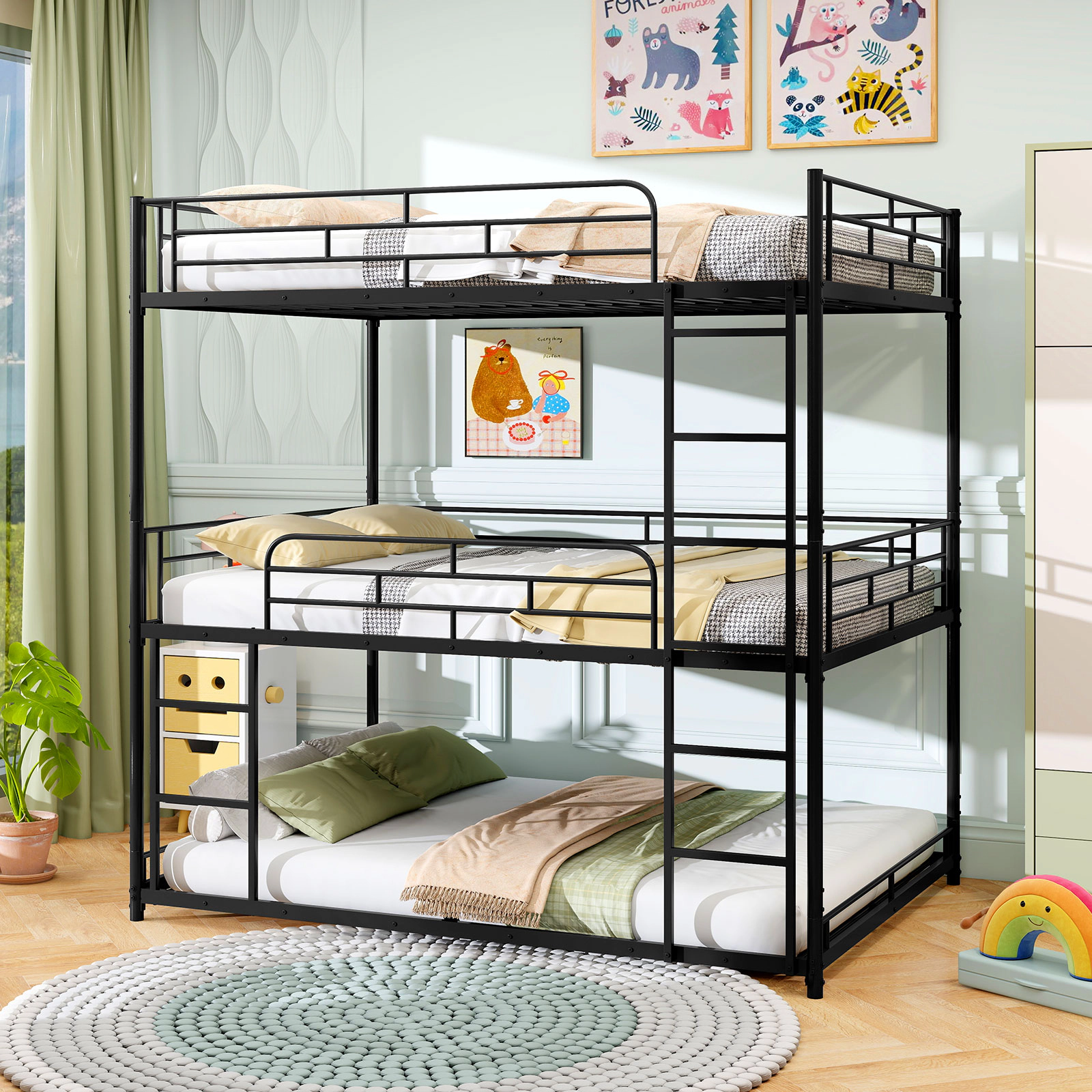 SUGIFT Metal Triple Bunk Bed, Full Size, Black, 2 Ladders and Guardrails