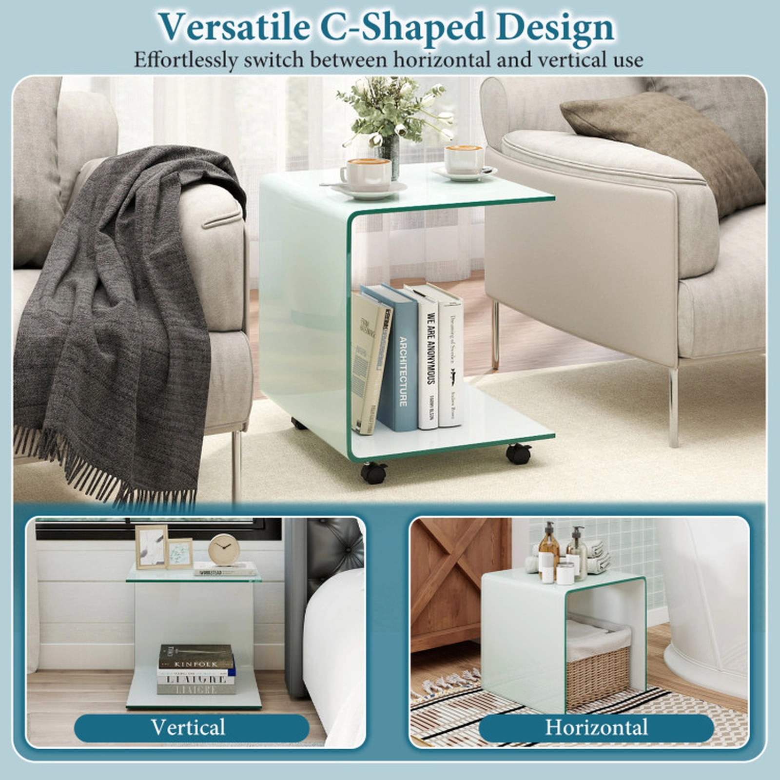 SUGIFT 2-Tier Tempered Glass Rolling Side Table, 4 Lockable Casters, 66-lb Shelves