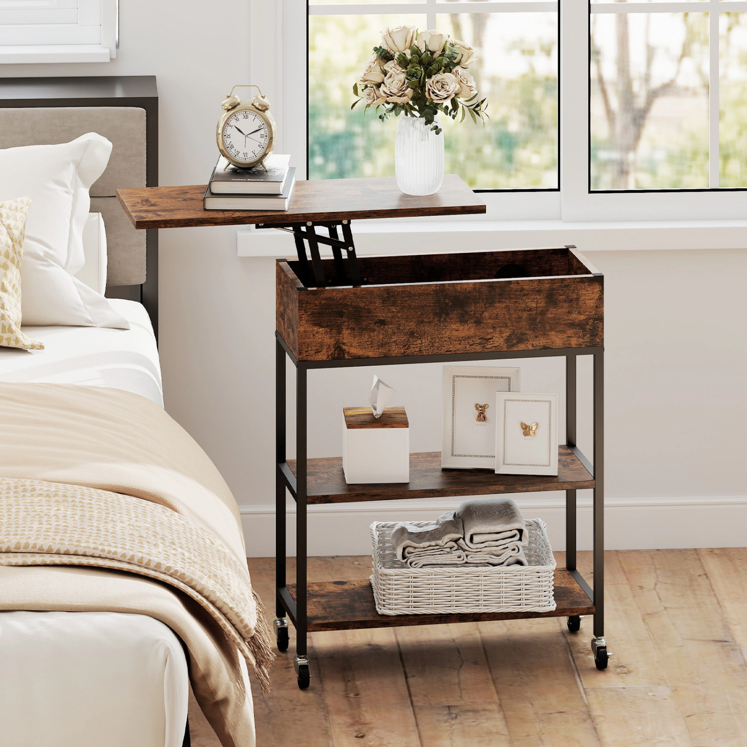 Glintex Lift-Top End Table with Charging Station Hidden Compartment and Casters, Rustic Brown