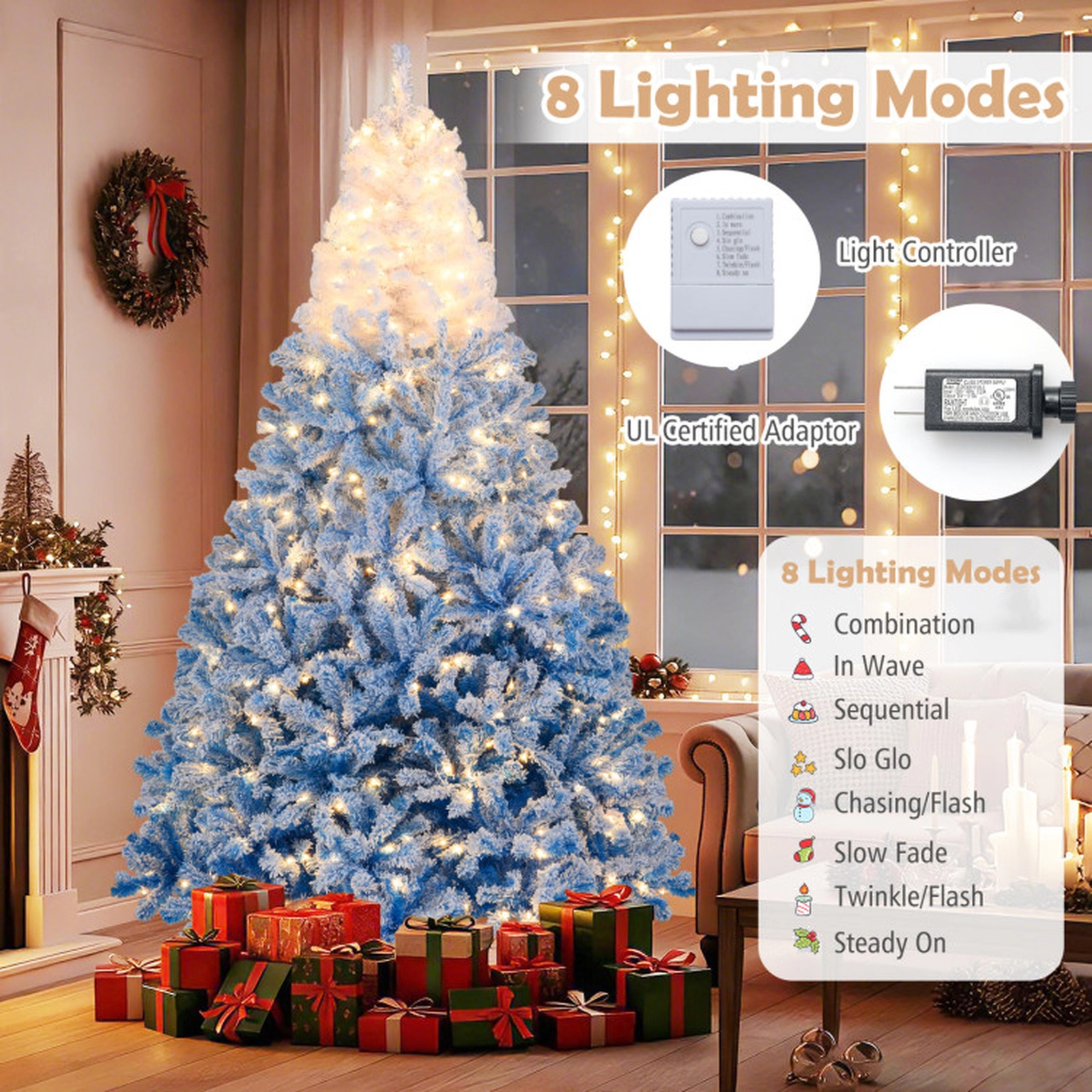 SUGIFT Pre-Lit Artificial Christmas Tree with Warm White LED Lights and 8 Lighting Modes 8 Feet White to Blue