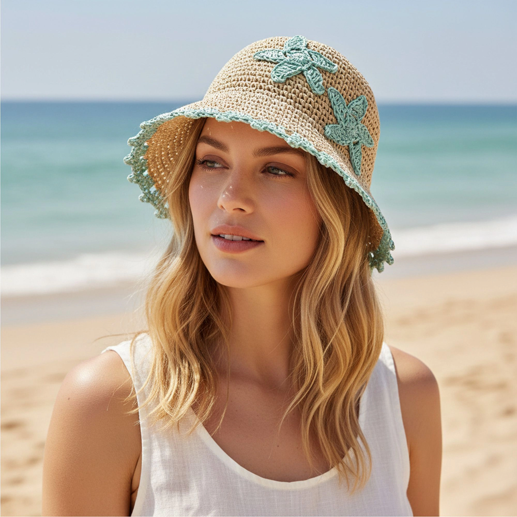 Anna-Kaci Women's Women Woven Straw Bucket Hat Wide Brim Lightweight Sun with Floral Applique Detail