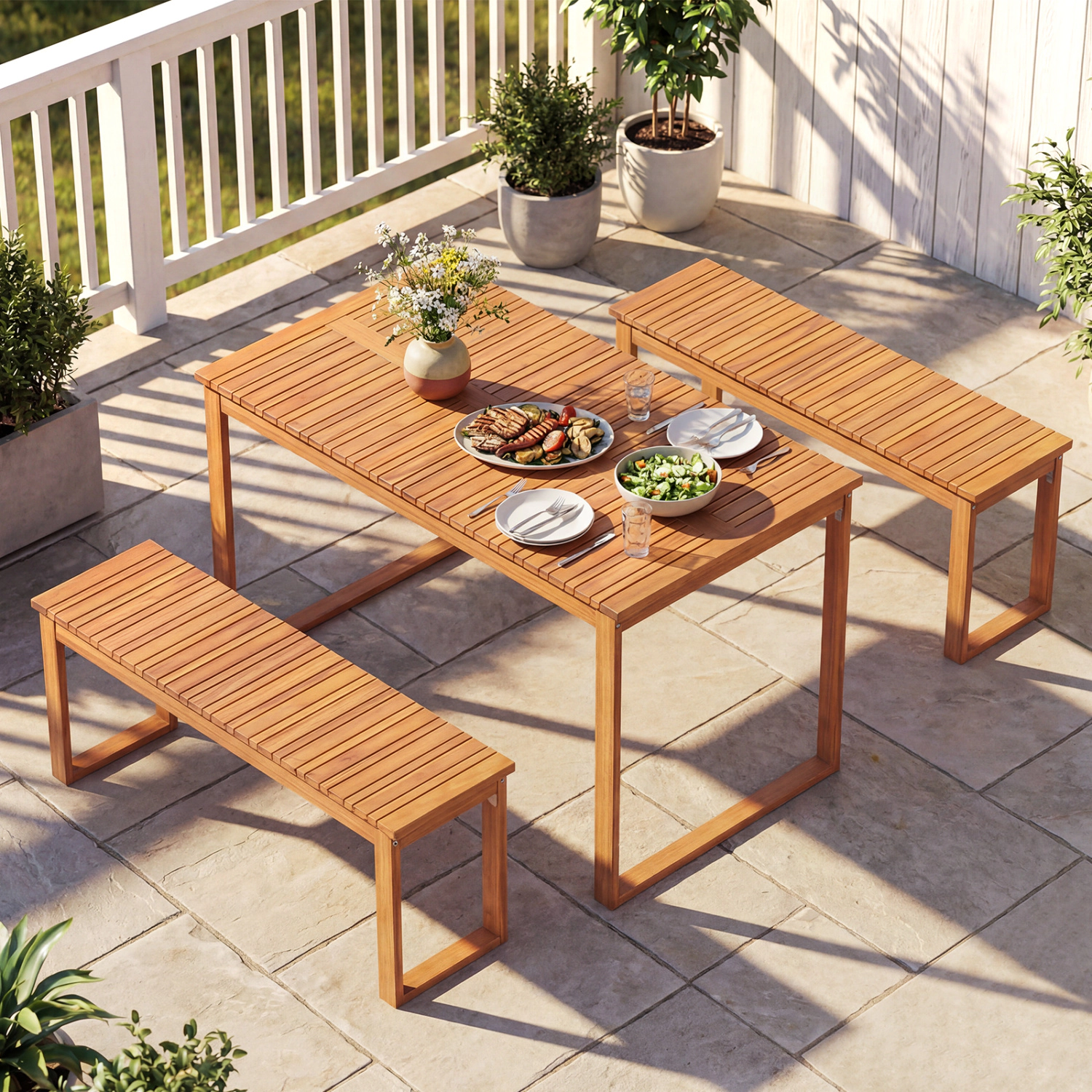 LJG Acacia Wood Outdoor Garden Bench Set of 1/2 with Slatted Seat for Front Porch