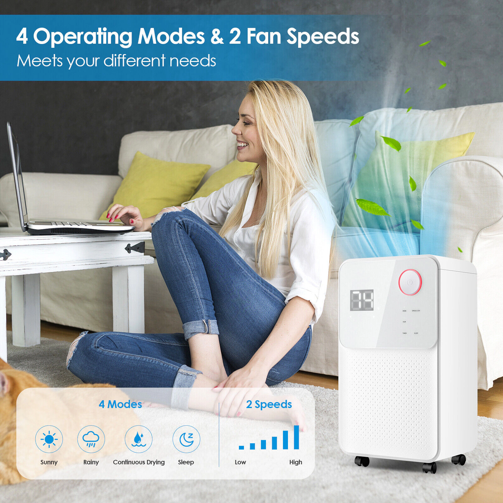 SlickBlue Home Dehumidifier with 32 Pint Capacity, LED Display and Auto Drain System