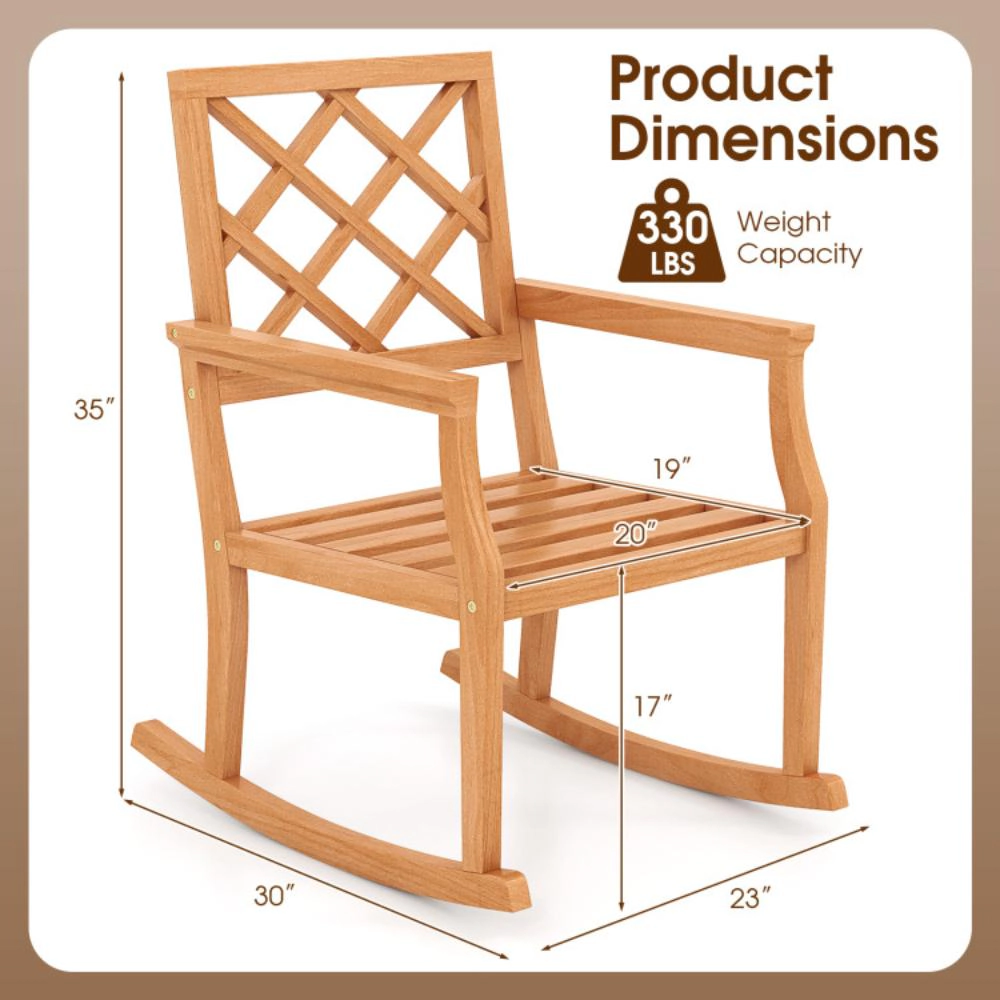 Hivvago Teak Wood Rocking Chair Oversized Porch Rocker With Backrest And Slatted Seat