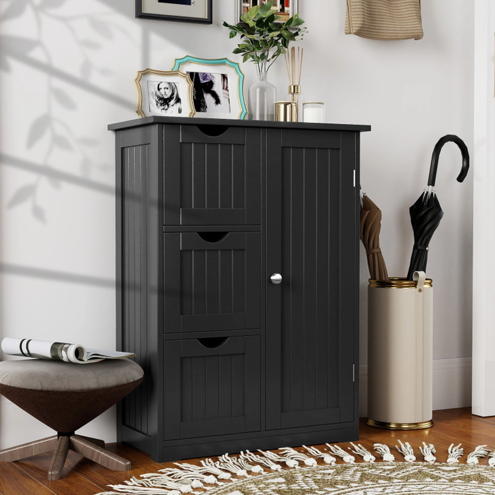 SUGIFT Bathroom Floor Cabinet Side Storage Cabinet with 3 Drawers and 1 Cupboard 70-lb Top Capacity Black