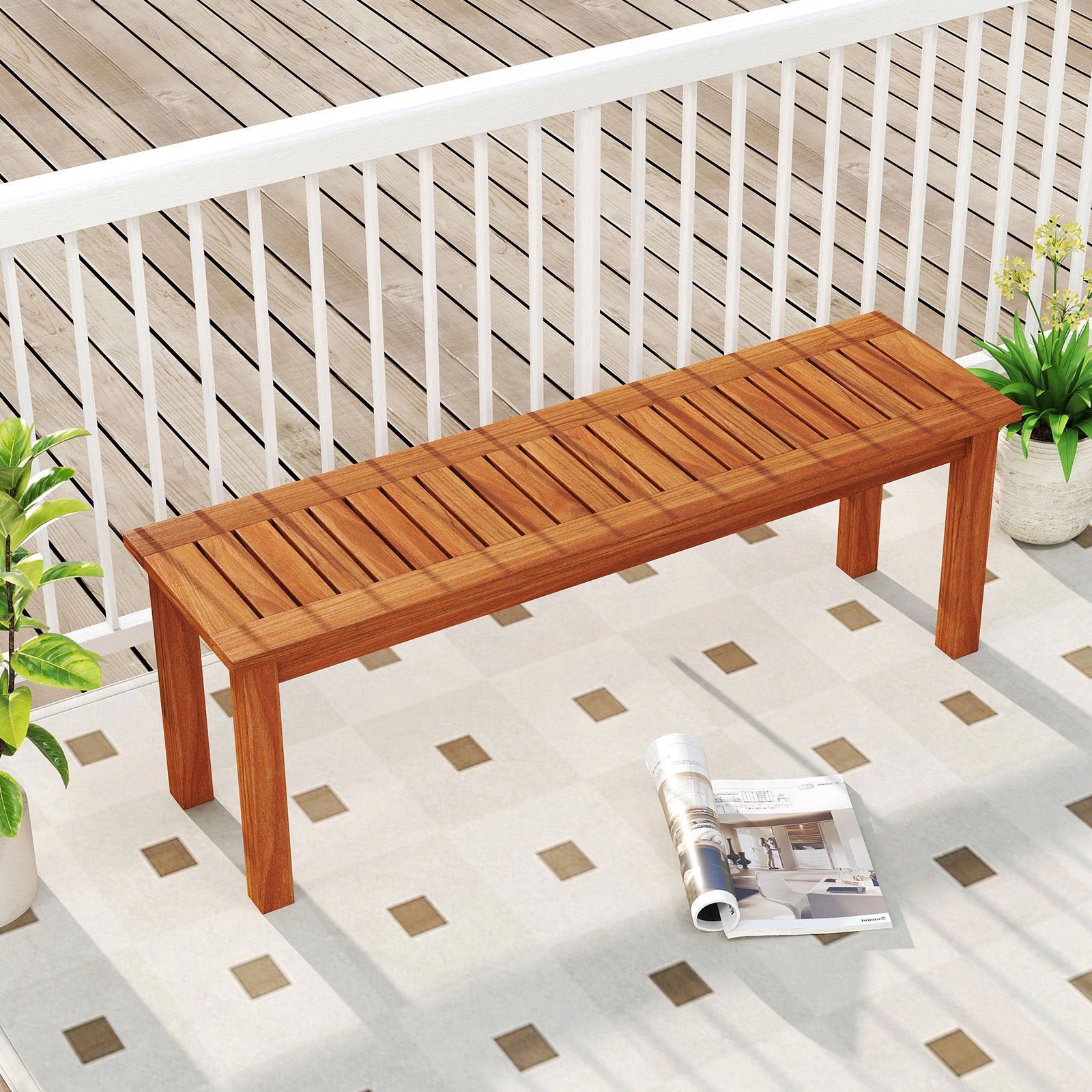 LJG Outdoor Wood Bench 2-Person Backless Patio Garden Bench with Slatted Seat