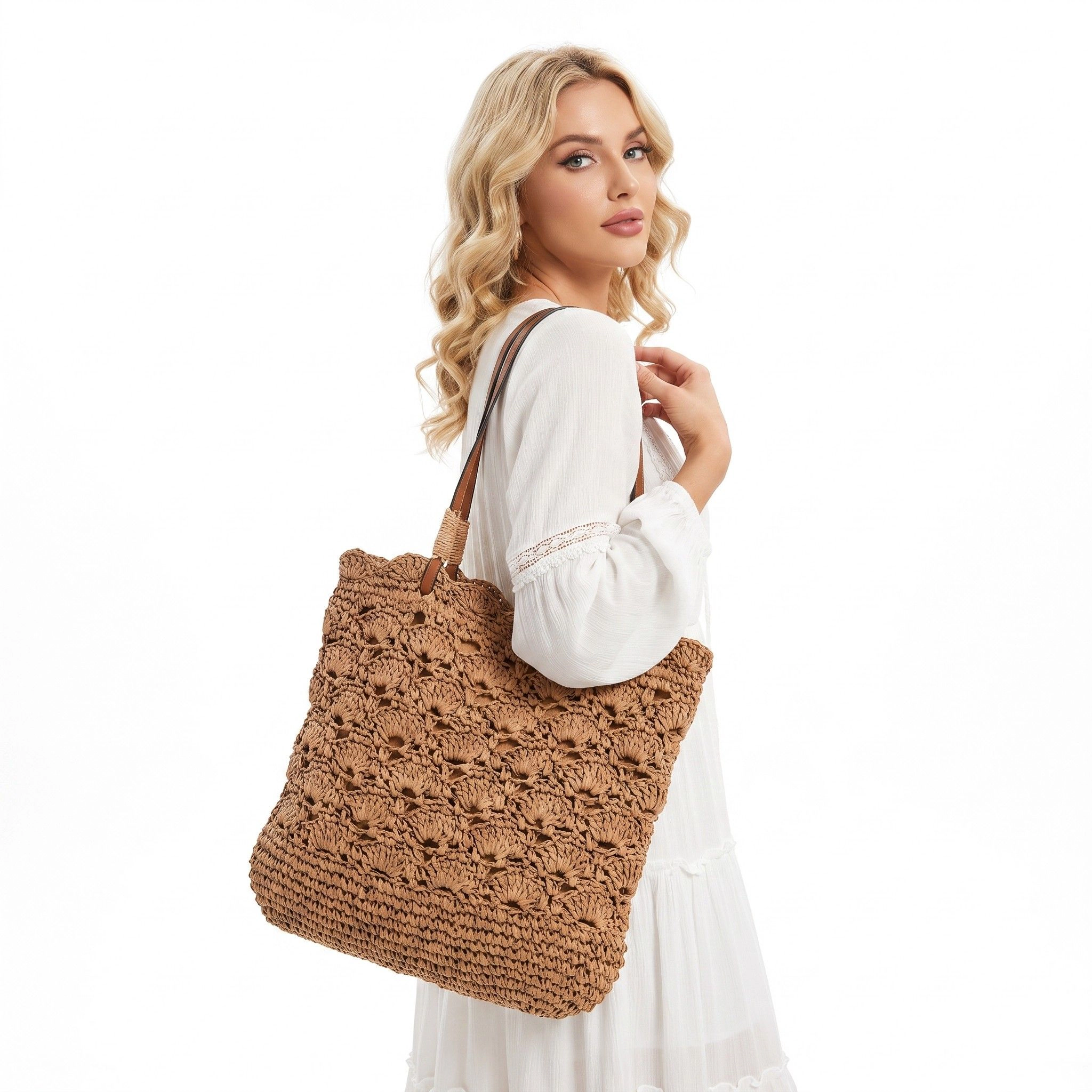 Alilang Women's Crochet Woven Shoulder Bag with Zip Closure and Scalloped Bucket Shape, Khaki