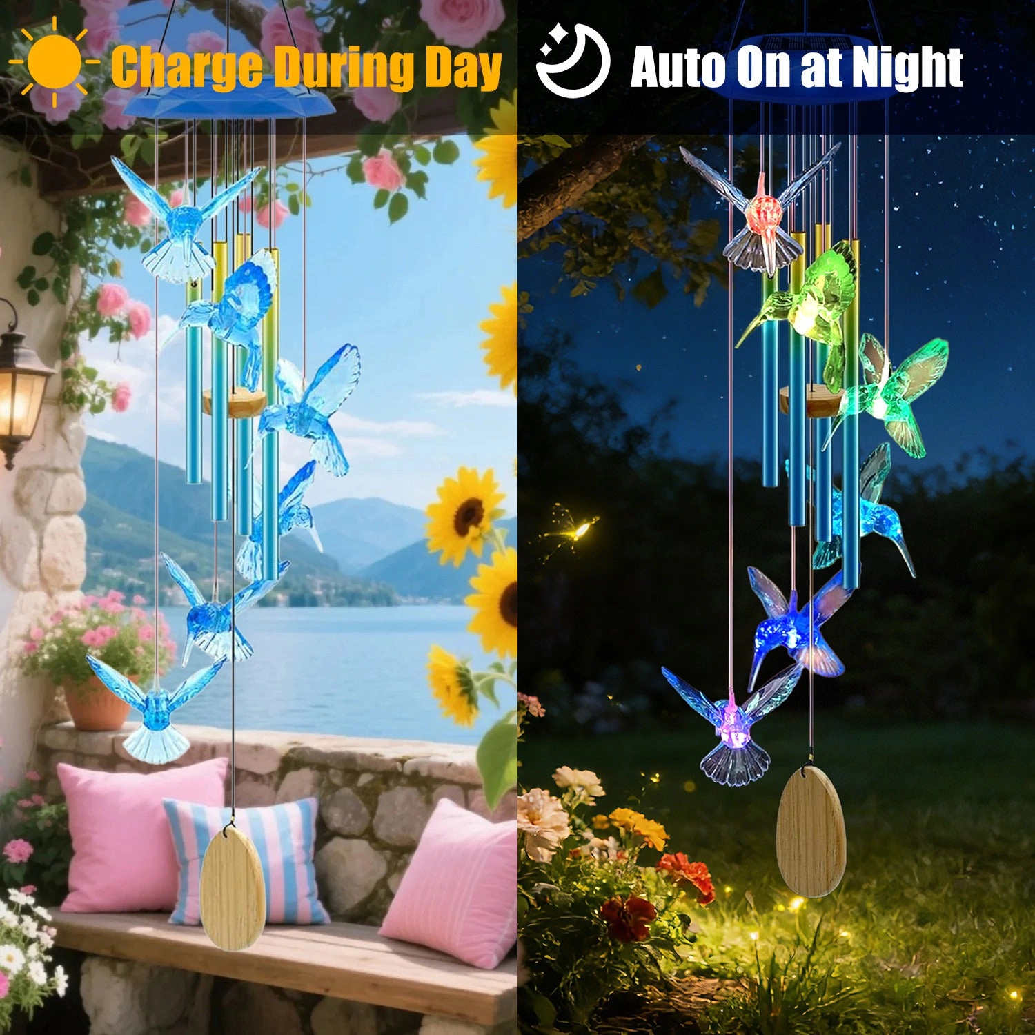 GBruno Solar Hummingbird Wind Chime With LED Lights