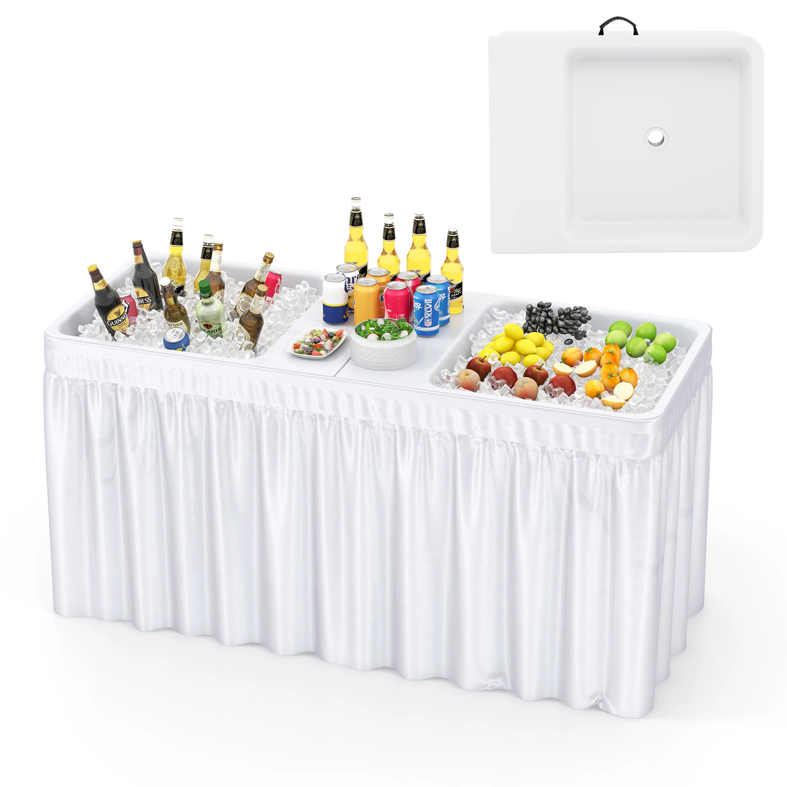 SUGIFT 5-Ft White Folding Ice Cooler Table with Double Sinks and Skirt 59-in W 24-in D 31-in H 110-lb Per Ice Bin