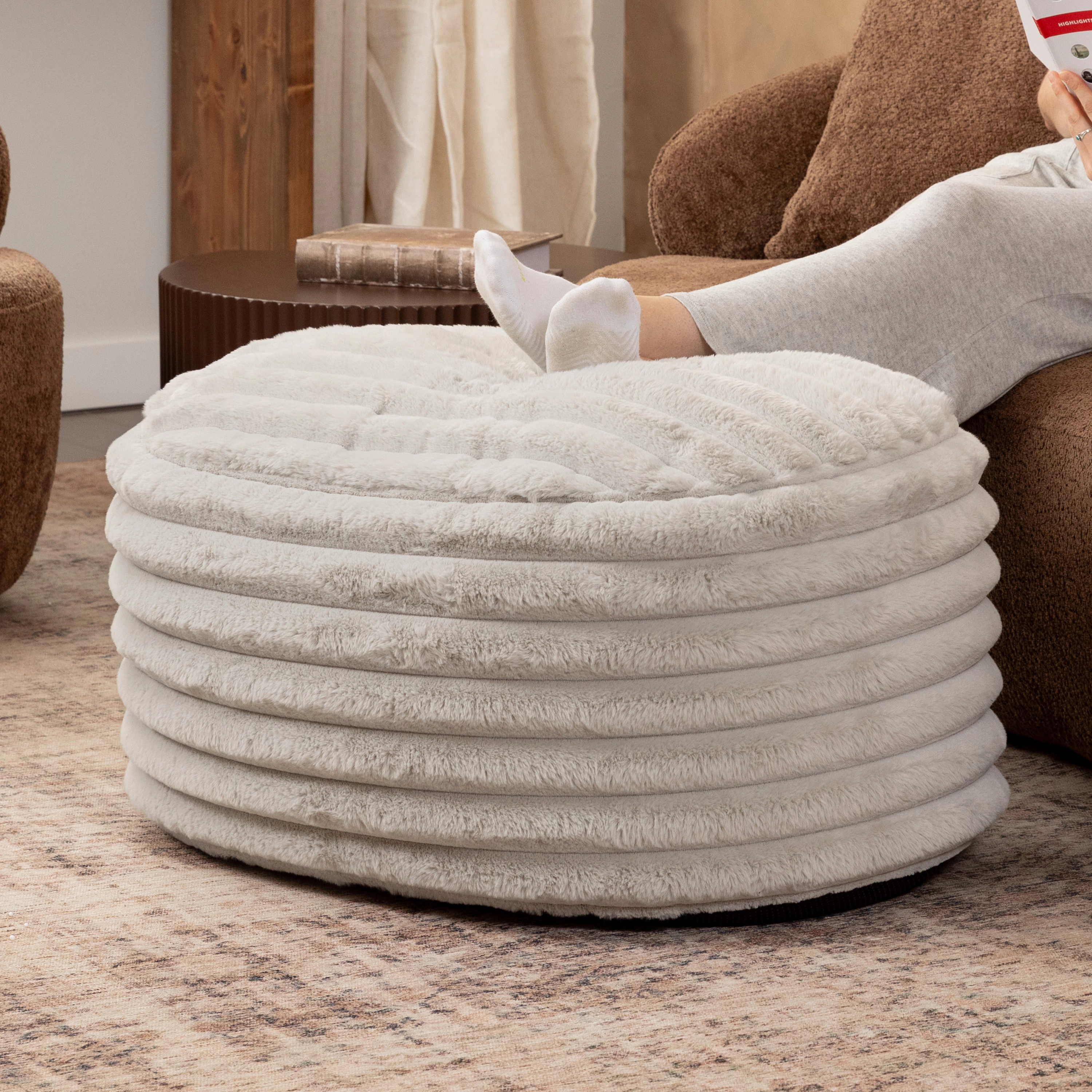 Jaxx Paran Accent Pouf - Fluffy Faux Fur Ottoman for Modern Interior Design