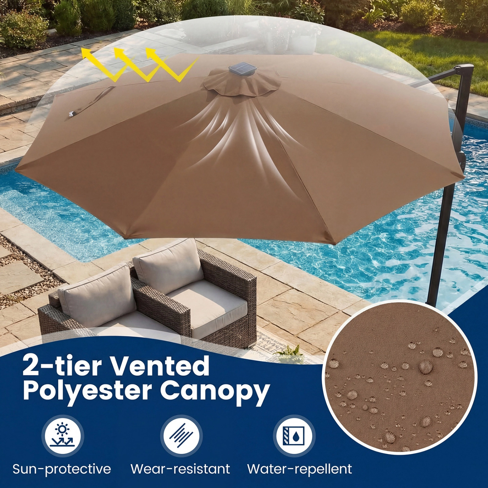 SUGIFT 10 ft Cantilever Patio Umbrella with 29 Solar LED Lights and 360 Degree Rotation
