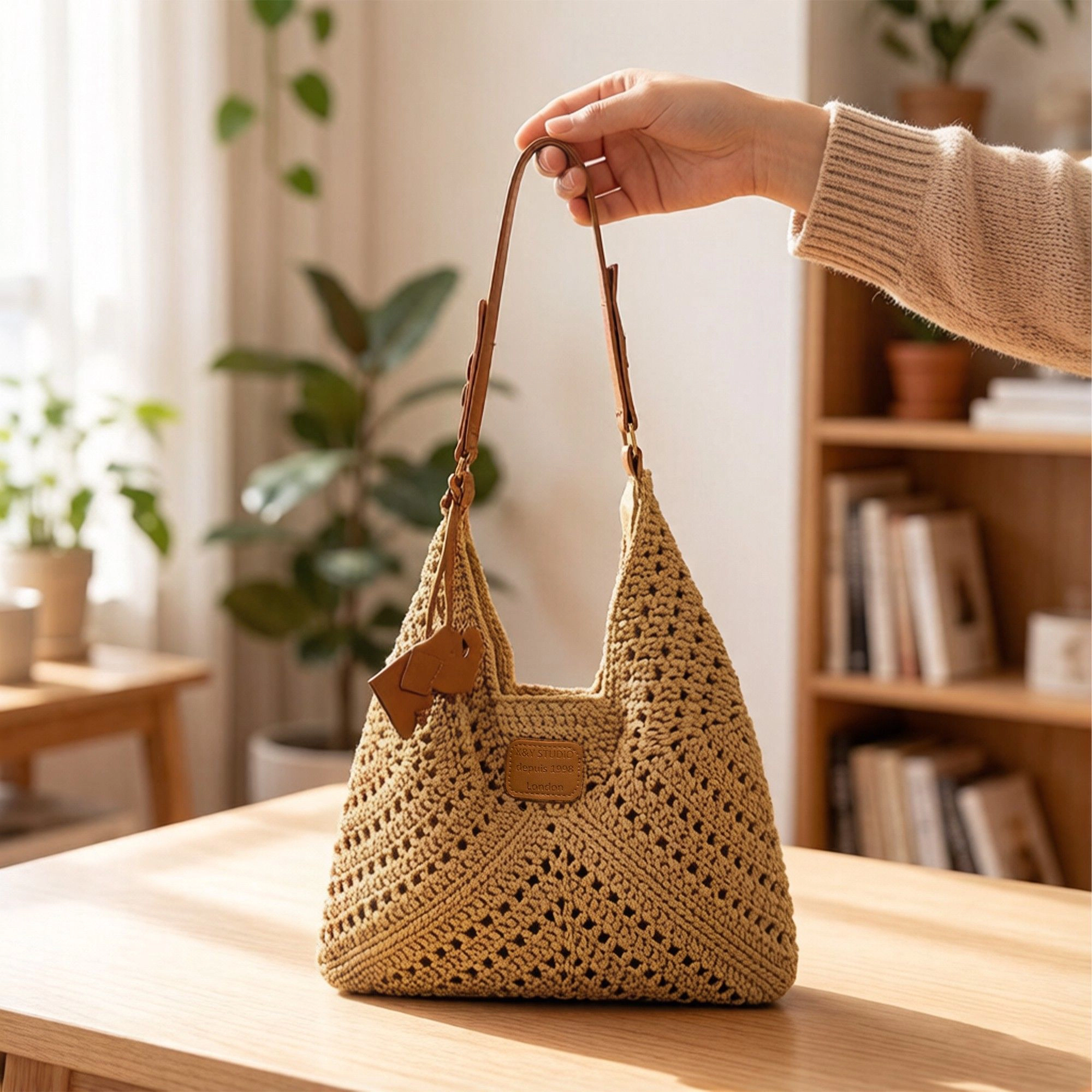 Alilang Women's Woven Crochet Shoulder Bag with Leather Strap Slouchy Hobo Handbag Lightweight Knit Tote