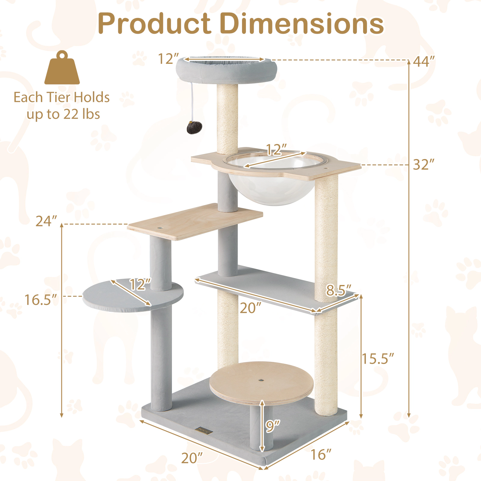 Glintex 44-Inch Cat Tower with Transparent Space Capsule and Matte Velvet Platforms, Natural