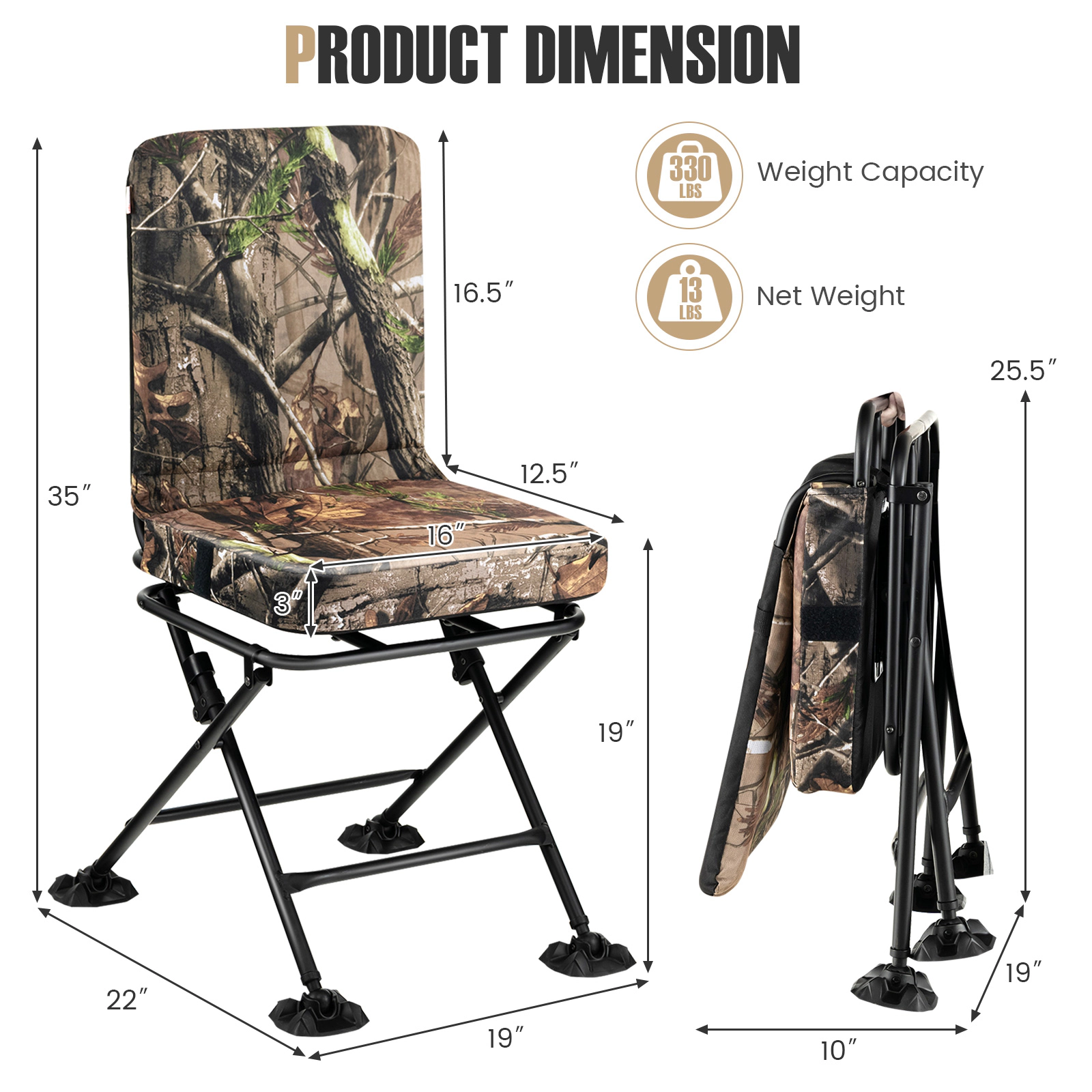 SUGIFT Swivel Folding Hunting Chair with Backrest and Padded Cushion 330-lb Capacity Camouflage