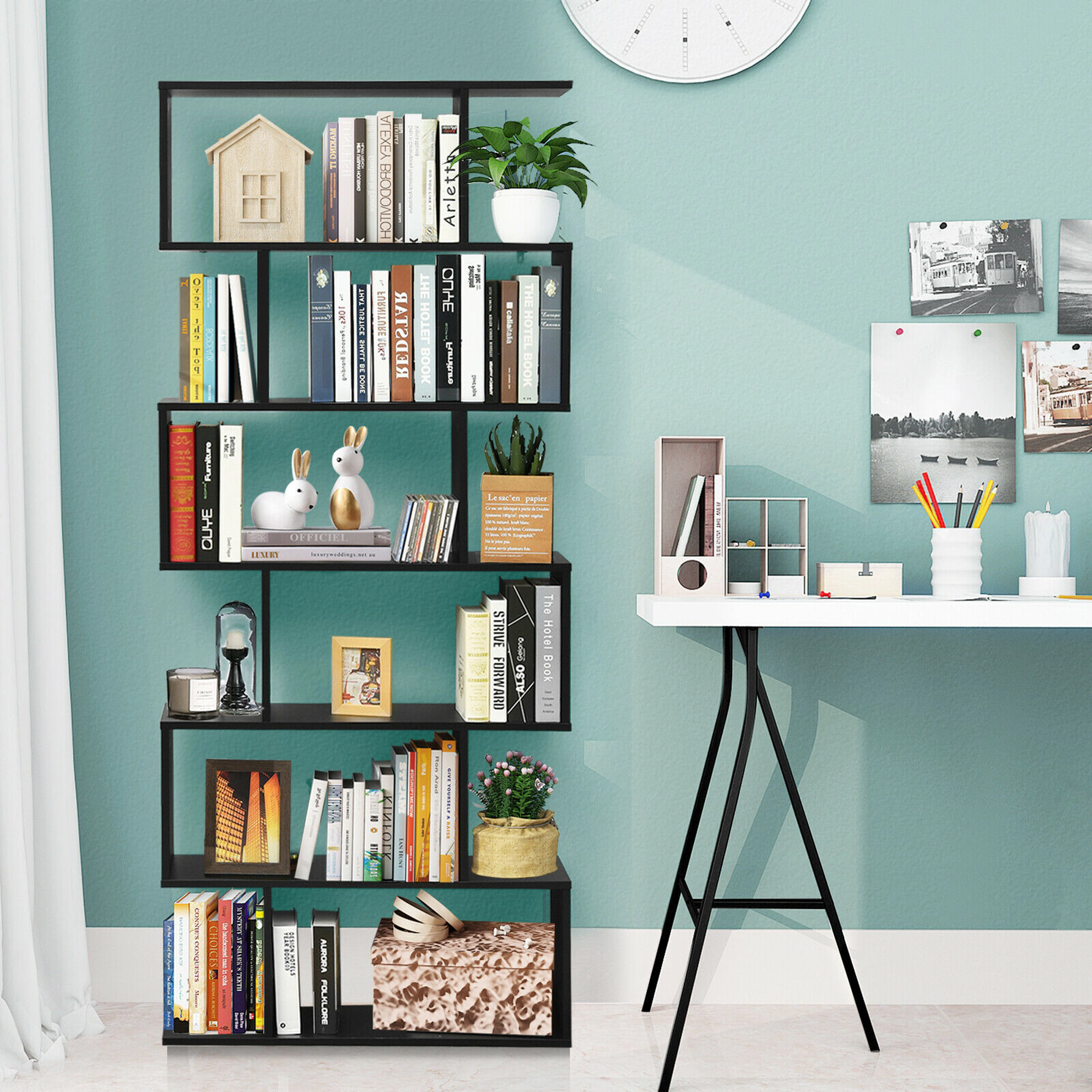 Costway 6 Tier S-Shaped Bookshelf Storage Display Bookcase Decor Z-Shelf Black