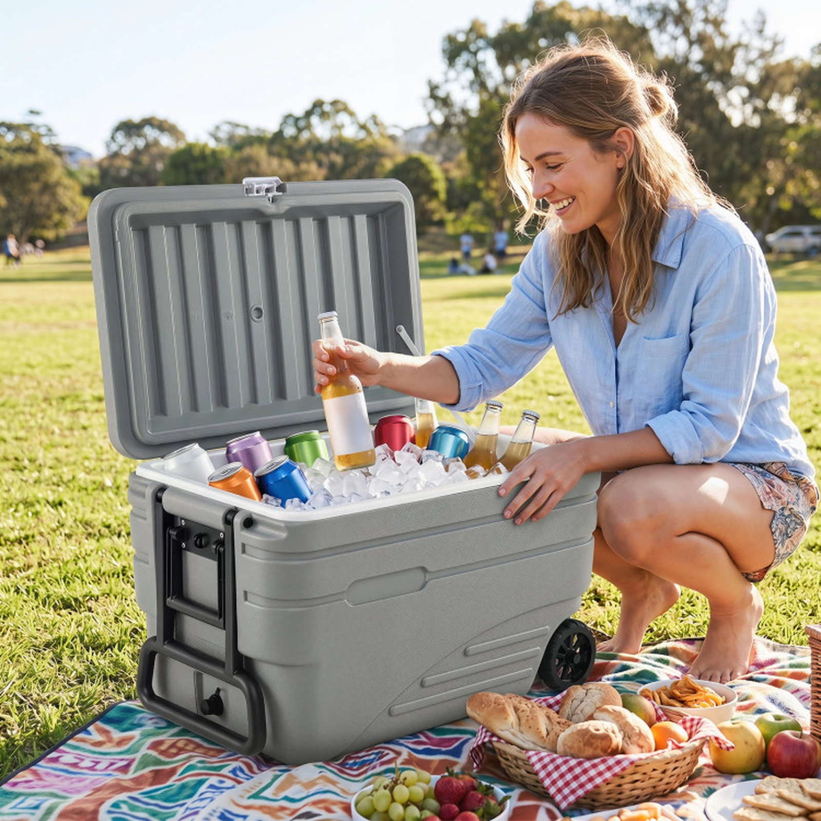 SUGIFT 84 Quart Portable Wheeled Ice Cooler with Pull Handle 330-lb Top Capacity 28-in Exterior 23.5-in Interior Gray