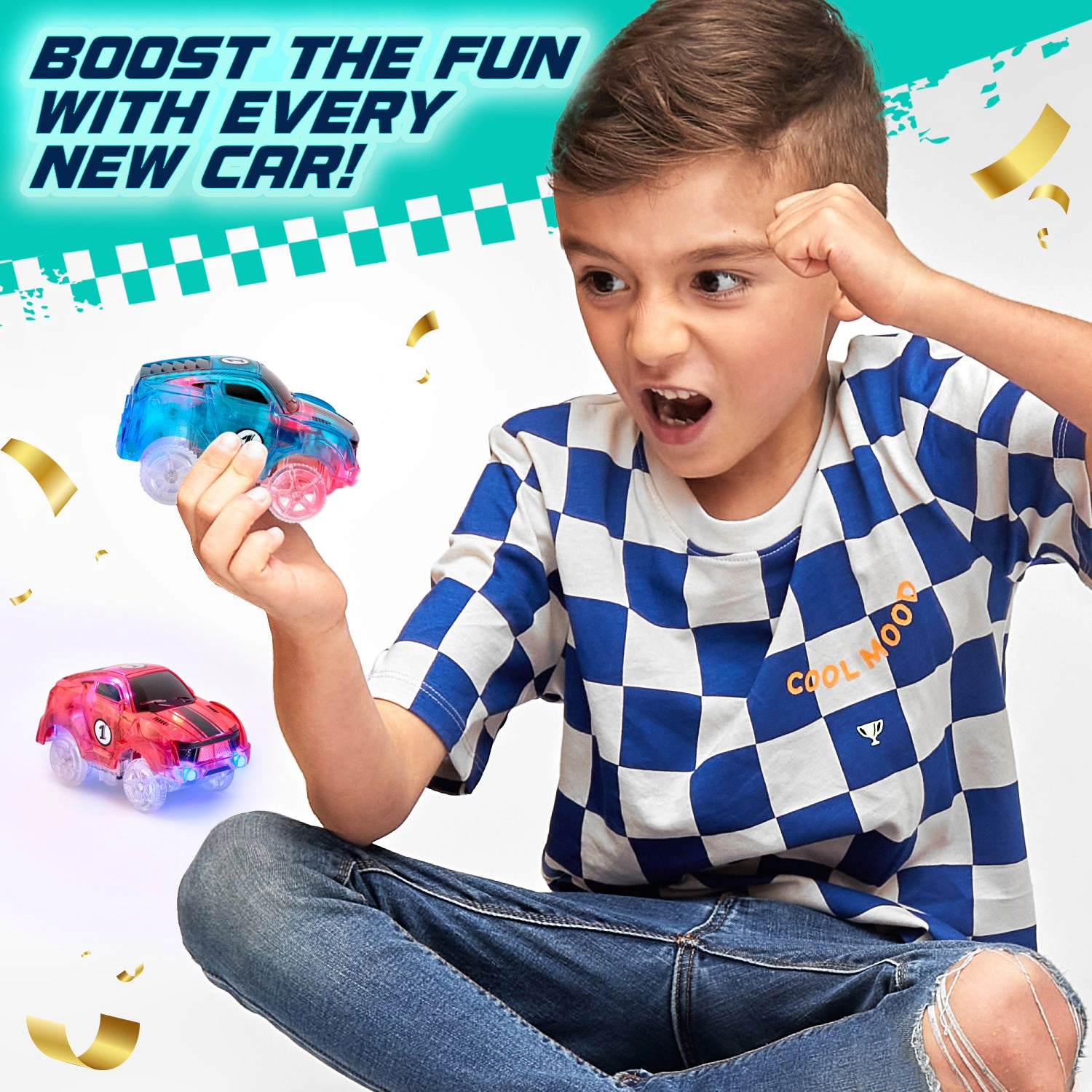 JitteryGit Kids Light-Up Racer Cars - 2-Pack Replacement Cars for Glow Flex Tracks, Red & Turquoise
