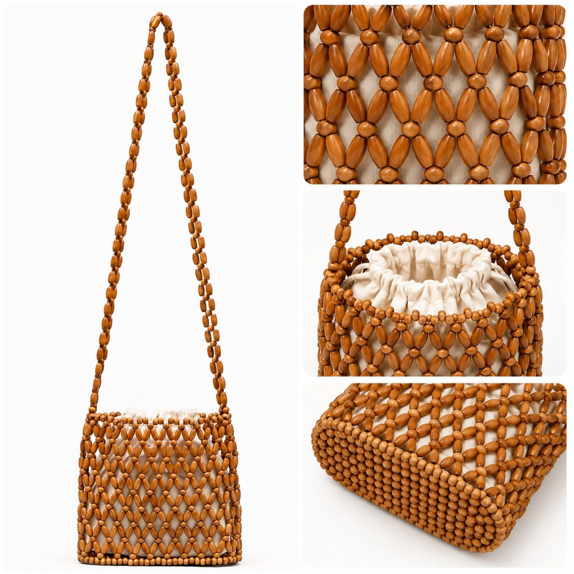 Alilang Women's Hand-Crafted Wooden Beaded Crossbody Bag for Women - Lightweight Geometric Pattern Purse